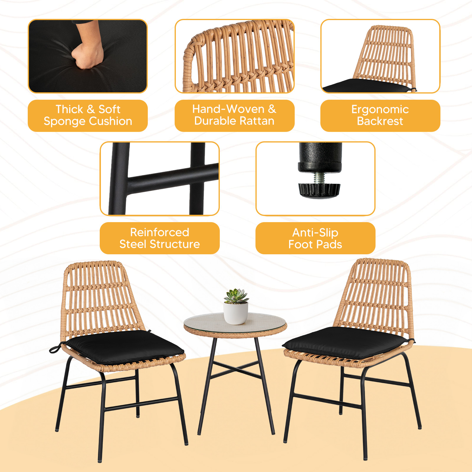 Tappio 3 Pieces Wicker Patio Furniture Set, Outdoor Furniture Bistro Set with Coffee Table, Comfortable Porch Chairs Conversation Sets, for Lawn Balcony Backyard Garden, Black