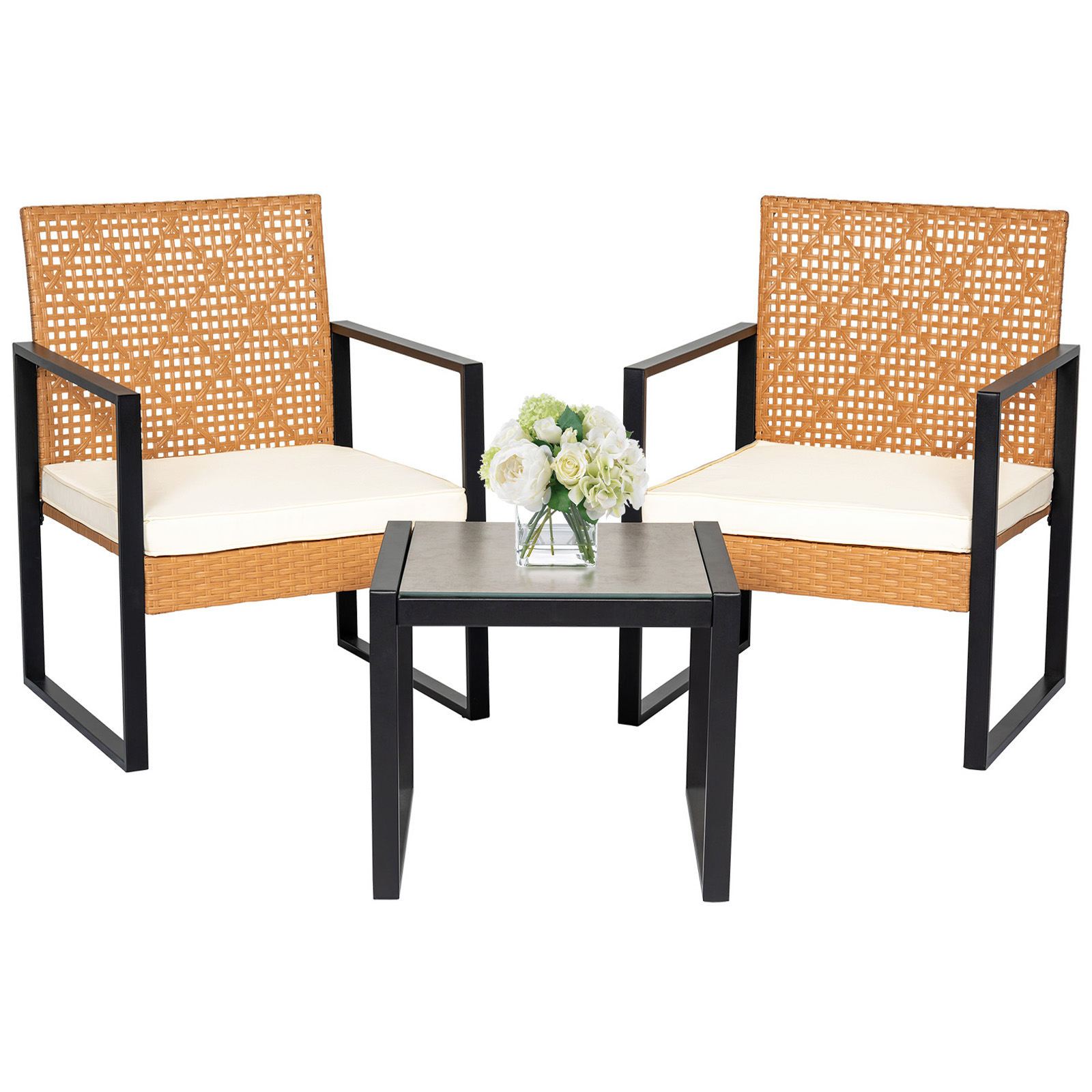 Tappio 3 Piece Wicker Patio Furniture Set, Outdoor Conversation Bistro Sets, Modern Rattan Patio Set Patio Porch Chairs With Coffee Table For Garden Poolside Balcony, Beige