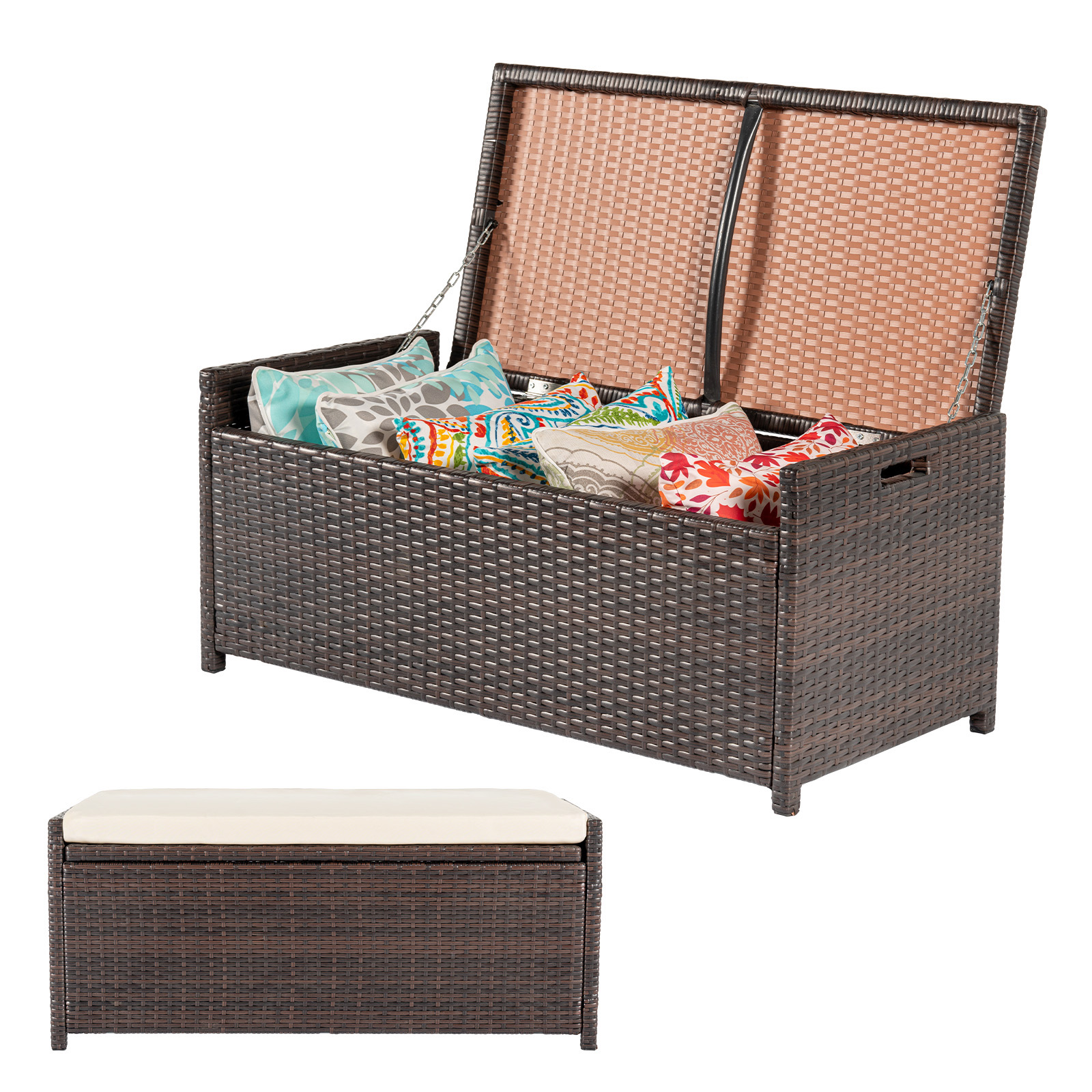Tappio Multifunctional Wicker Deck Box, All-Weather 55 Gallon Outdoor Storage Box with Cushions, Storage Bench Rattan Storage Bin for for Pool Tools, Outdoor Equipments and Garden Tools, Beige