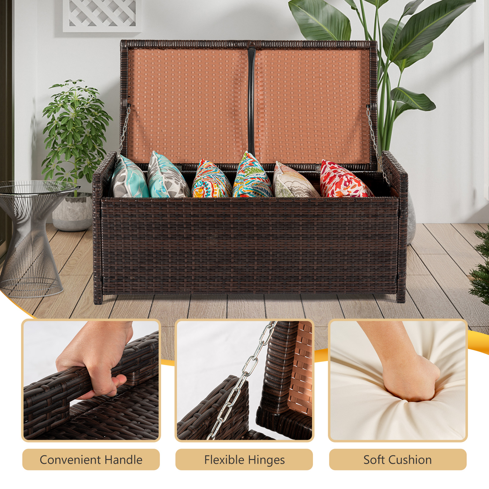 Tappio Multifunctional Wicker Deck Box, All-Weather 55 Gallon Outdoor Storage Box with Cushions, Storage Bench Rattan Storage Bin for for Pool Tools, Outdoor Equipments and Garden Tools, Beige