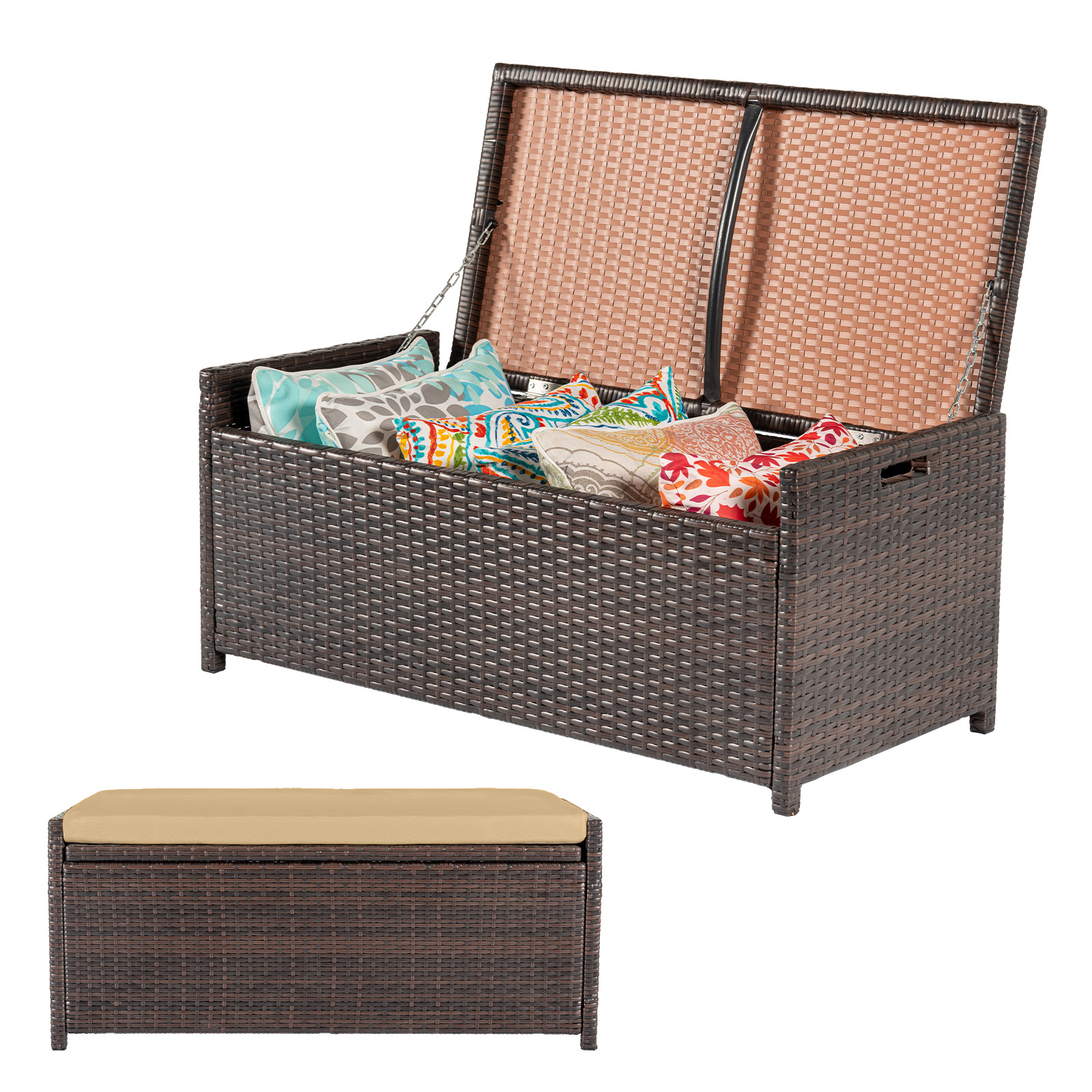 Tappio Multifunctional Wicker Deck Box, All-Weather 55 Gallon Outdoor Storage Box with Cushions, Storage Bench Rattan Storage Bin for for Pool Tools, Outdoor Equipments and Garden Tools, Brown
