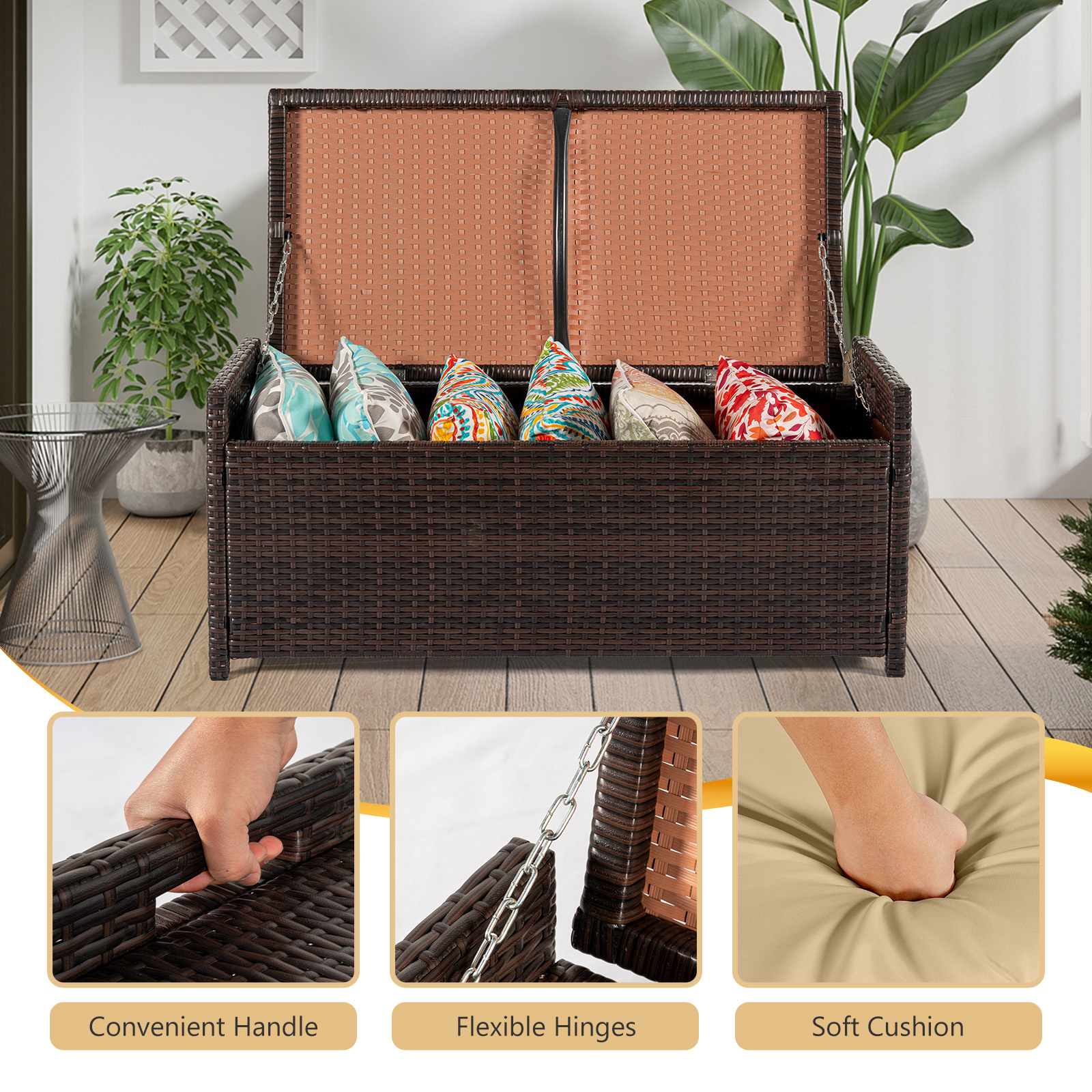 Tappio Multifunctional Wicker Deck Box, All-Weather 55 Gallon Outdoor Storage Box with Cushions, Storage Bench Rattan Storage Bin for for Pool Tools, Outdoor Equipments and Garden Tools, Brown