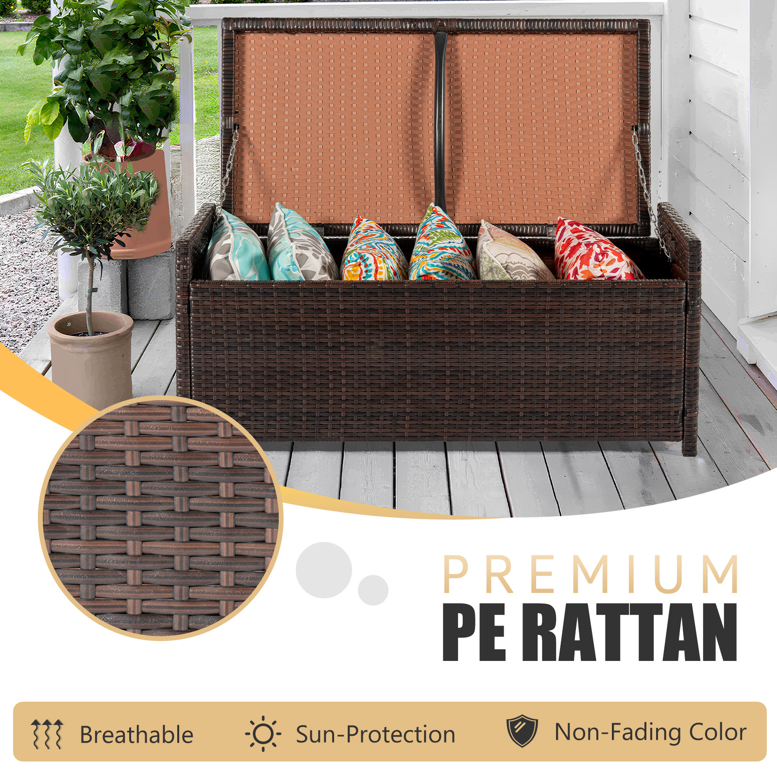 Tappio Multifunctional Wicker Deck Box, All-Weather 55 Gallon Outdoor Storage Box with Cushions, Storage Bench Rattan Storage Bin for for Pool Tools, Outdoor Equipments and Garden Tools, Brown