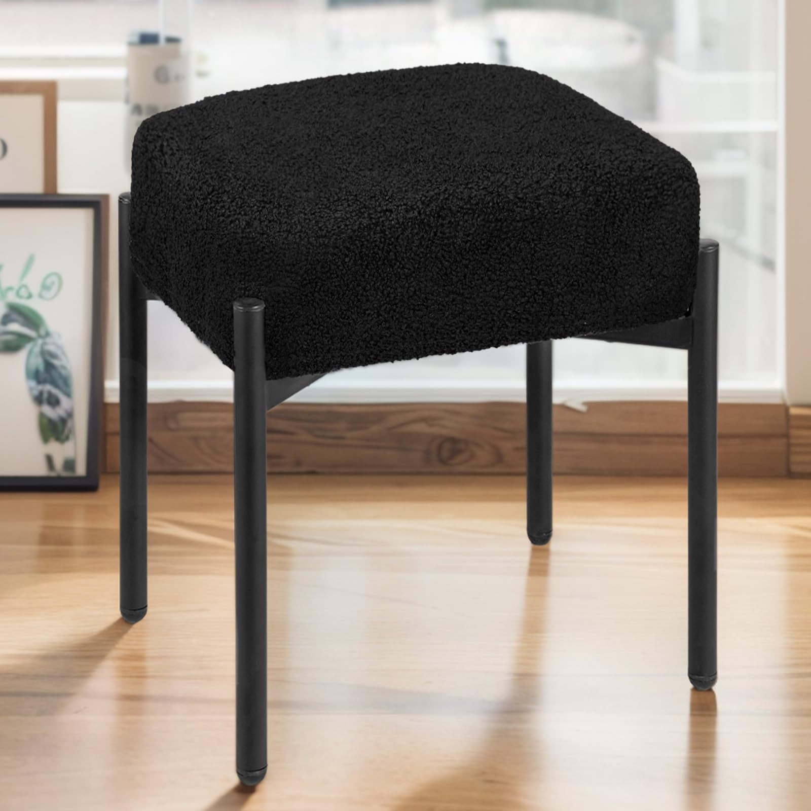 PROHIKER Vanity Stool Chair Faux Fur, 16.3" L x 12.8" W x 17.3" H Soft Ottoman, Makeup Chair Bench Furry Padded Seat with 4 Metal Legs, Footstool Multifunctional Chairs for Bedroom Living Room, Black