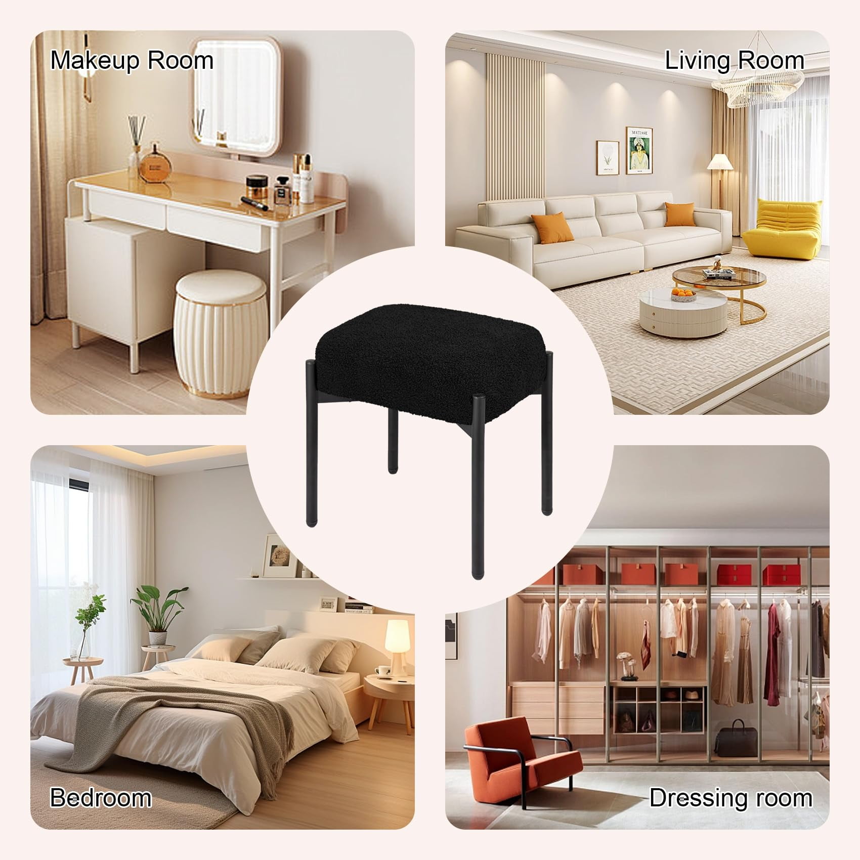 PROHIKER Vanity Stool Chair Faux Fur, 16.3" L x 12.8" W x 17.3" H Soft Ottoman, Makeup Chair Bench Furry Padded Seat with 4 Metal Legs, Footstool Multifunctional Chairs for Bedroom Living Room, Black