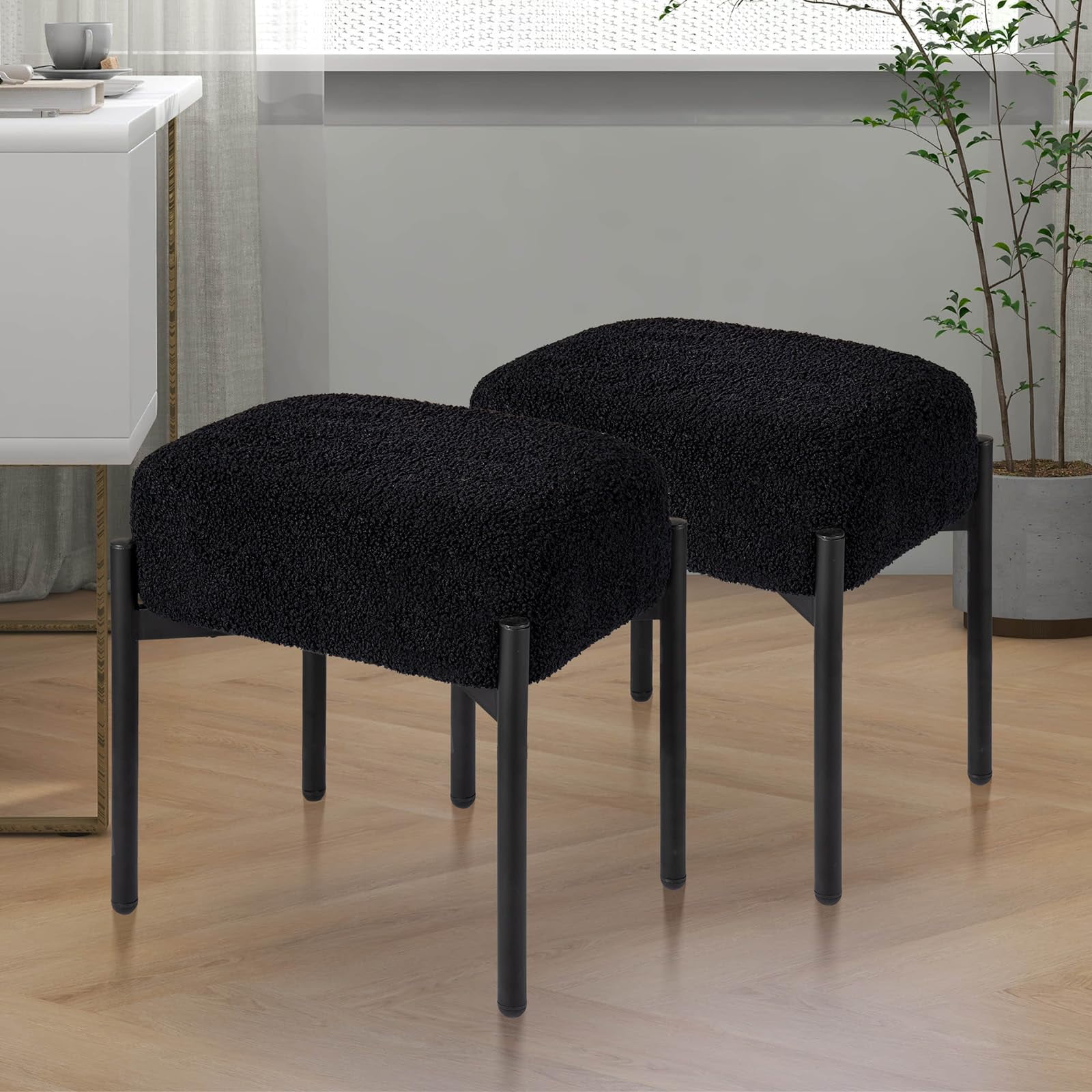 PROHIKER Faux Fur Vanity Stool Chair Set of 2, 16.3" L x 12.8" W x 17.3" H Soft Ottoman, Makeup Chair Bench Furry Padded Seat with 4 Metal Legs, Footstool Multifunctional Chairs for Bedroom, Black