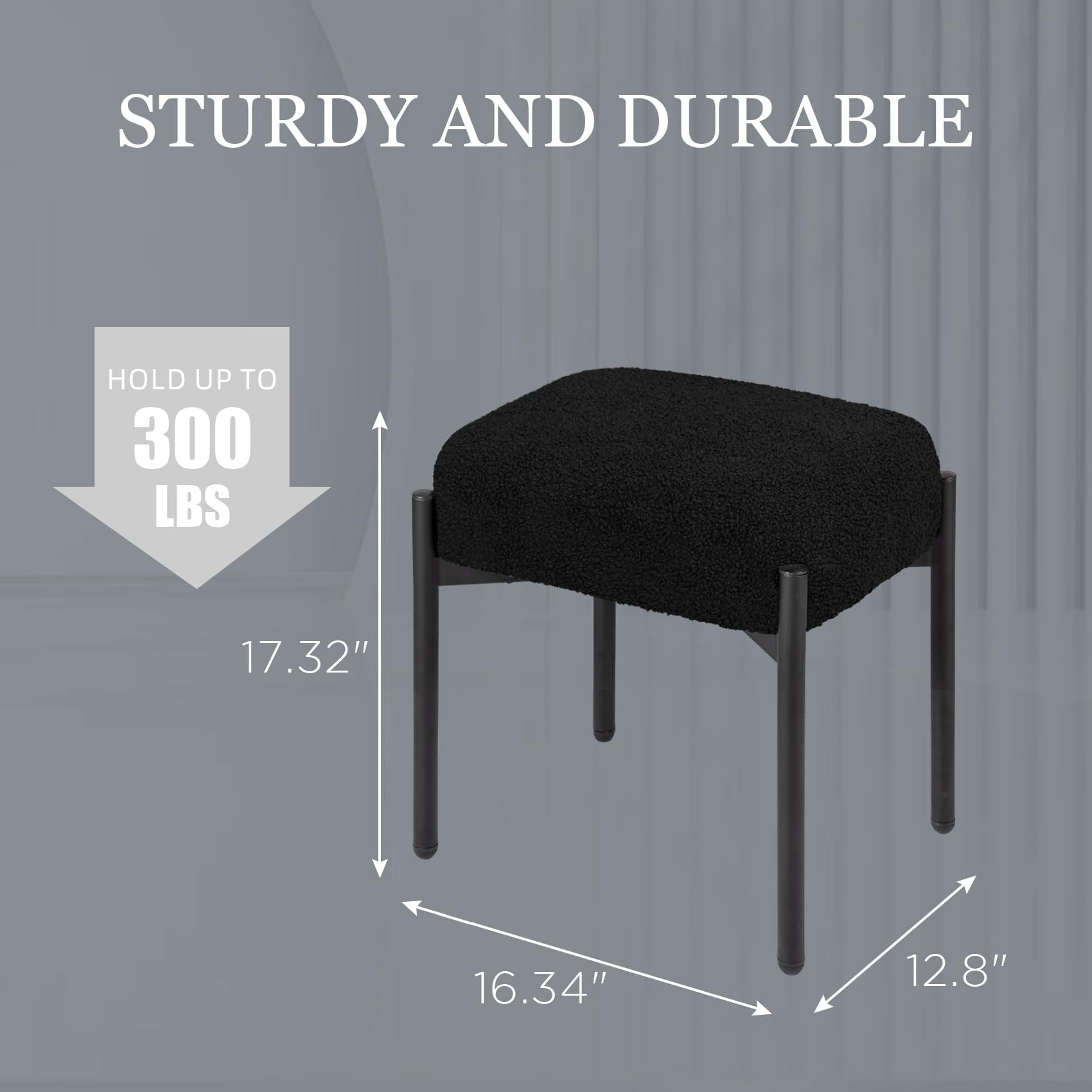 PROHIKER Faux Fur Vanity Stool Chair Set of 2, 16.3" L x 12.8" W x 17.3" H Soft Ottoman, Makeup Chair Bench Furry Padded Seat with 4 Metal Legs, Footstool Multifunctional Chairs for Bedroom, Black