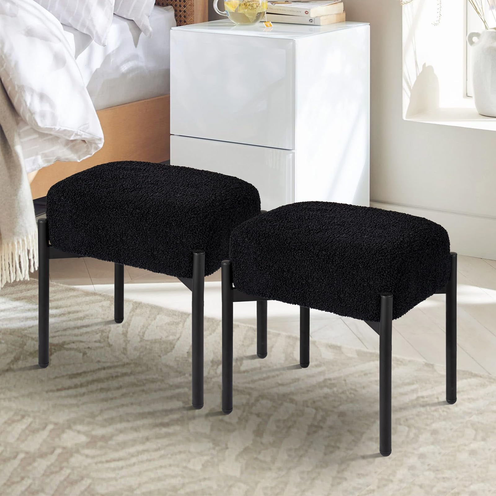 PROHIKER Faux Fur Vanity Stool Chair Set of 2, 16.3" L x 12.8" W x 17.3" H Soft Ottoman, Makeup Chair Bench Furry Padded Seat with 4 Metal Legs, Footstool Multifunctional Chairs for Bedroom, Black