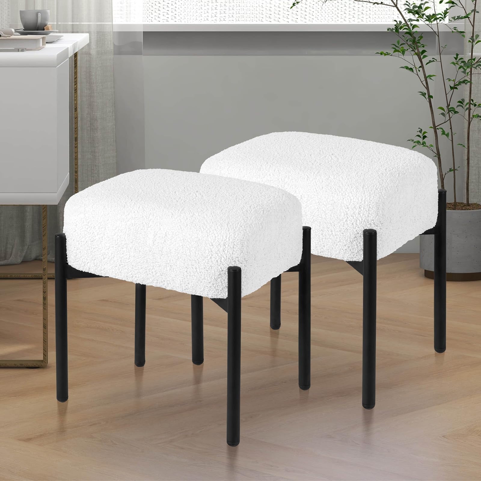 PROHIKER Faux Fur Vanity Stool Chair Set of 2, 16.3" L x 12.8" W x 17.3" H Soft Ottoman, Makeup Chair Bench Furry Padded Seat with 4 Metal Legs, Footstool Multifunctional Chairs for Bedroom, White