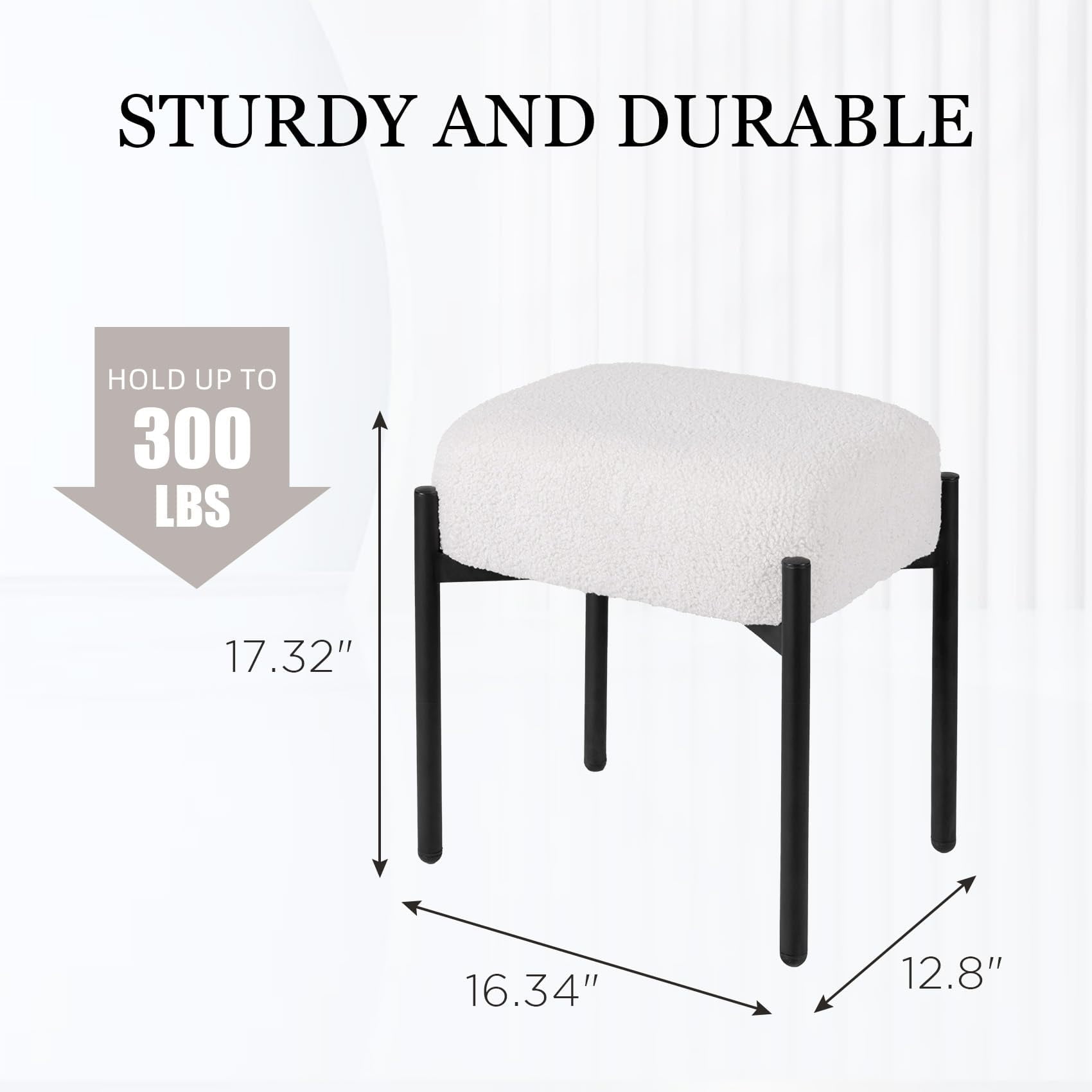 PROHIKER Faux Fur Vanity Stool Chair Set of 2, 16.3" L x 12.8" W x 17.3" H Soft Ottoman, Makeup Chair Bench Furry Padded Seat with 4 Metal Legs, Footstool Multifunctional Chairs for Bedroom, White