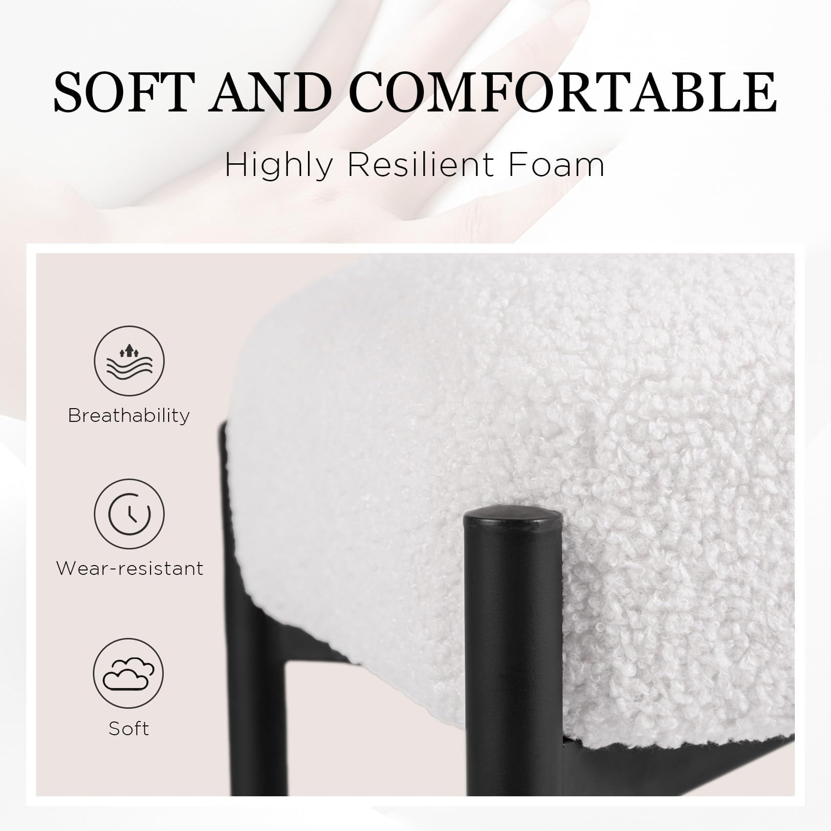 PROHIKER Faux Fur Vanity Stool Chair Set of 2, 16.3" L x 12.8" W x 17.3" H Soft Ottoman, Makeup Chair Bench Furry Padded Seat with 4 Metal Legs, Footstool Multifunctional Chairs for Bedroom, White
