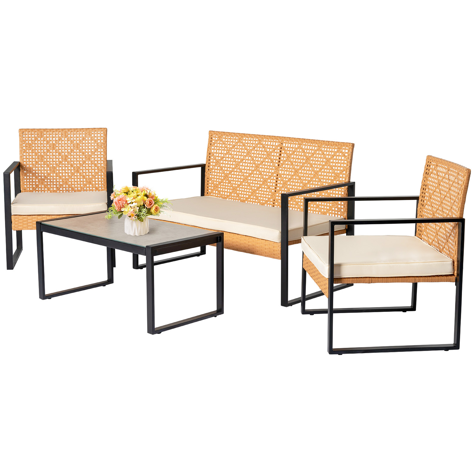 Tappio 4 Pieces Patio Furniture Set, Outdoor Wicker Patio Conversation Sets with Cushion and Glass Table, Front Porch Furniture Sets for Yard Pool Backyard Garden
