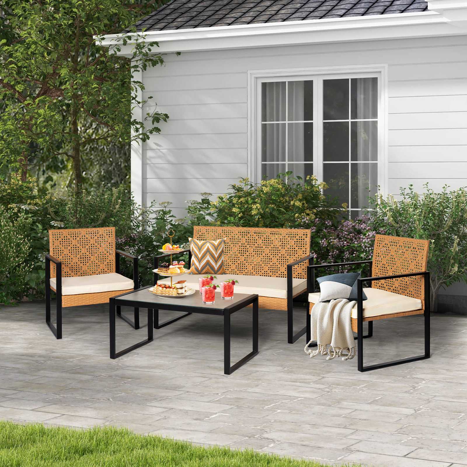 Tappio 4 Pieces Patio Furniture Set, Outdoor Wicker Patio Conversation Sets with Cushion and Glass Table, Front Porch Furniture Sets for Yard Pool Backyard Garden