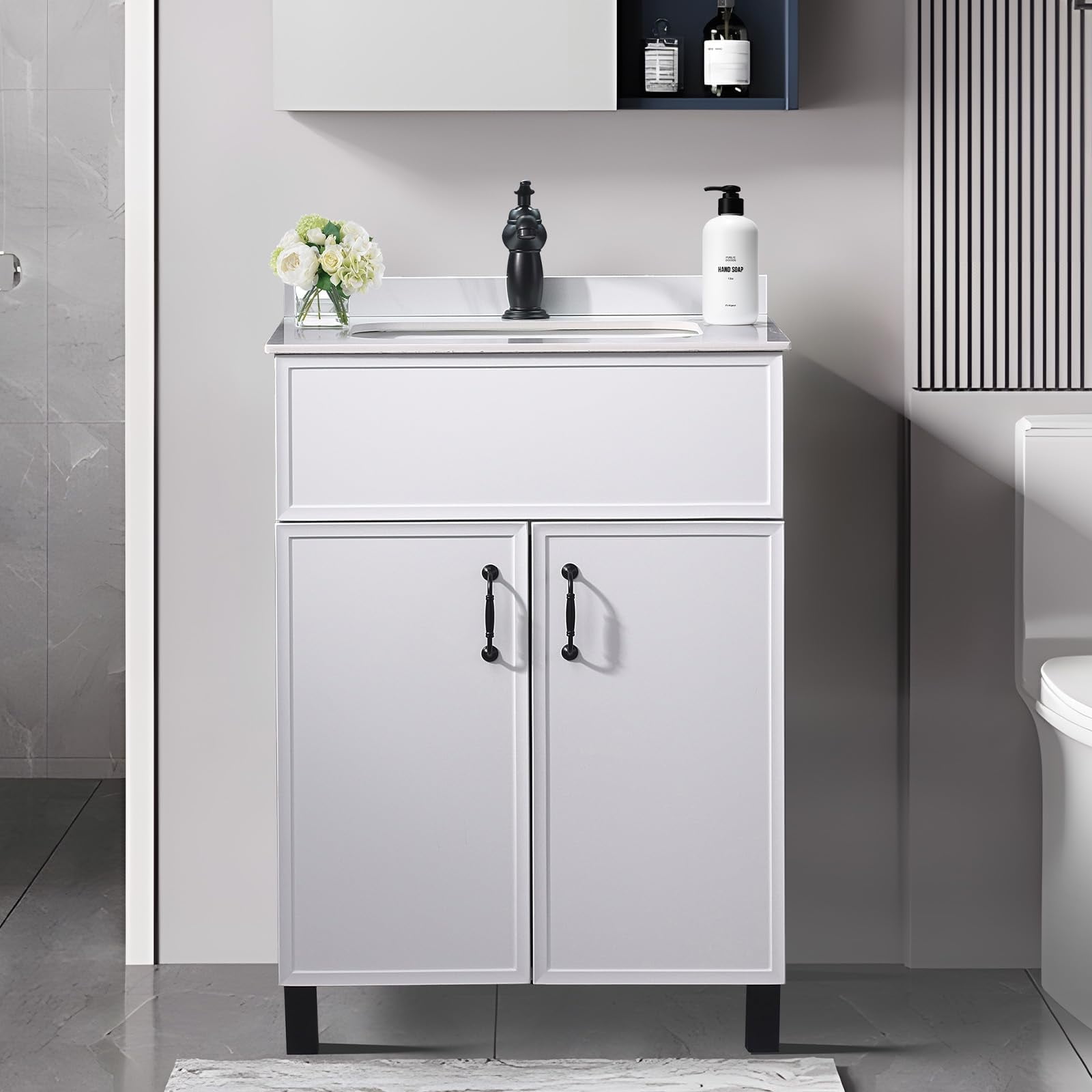 PROHIKER 23.6" Bathroom Vanity with Ceramic Sink, Modern Bathroom Vanity Cabinet, Freestanding Bathroom Sink Cabinet with 1 Soft-Close Door and Metal Handle