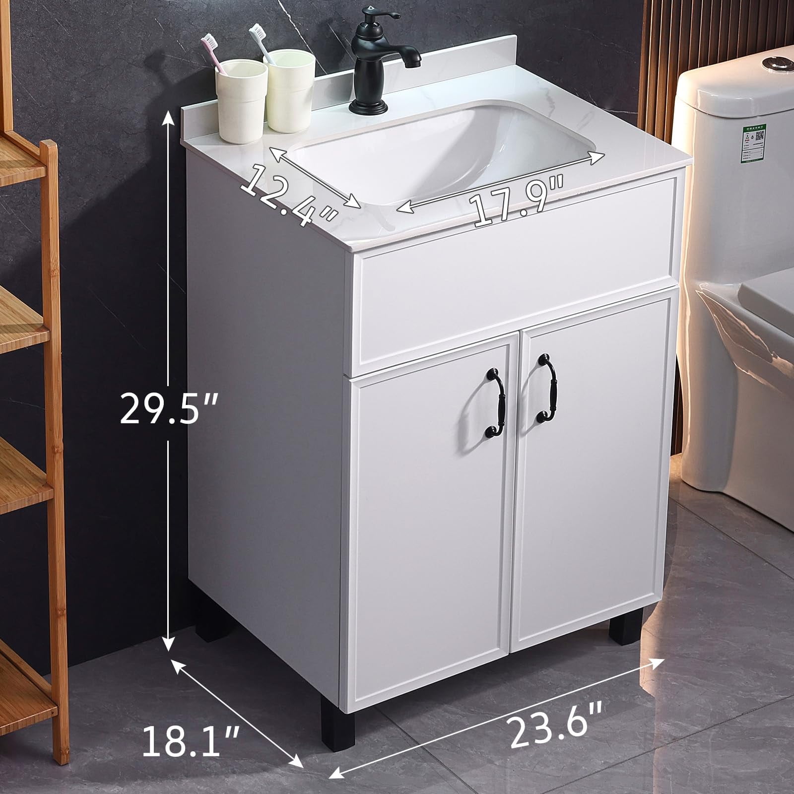 PROHIKER 23.6" Bathroom Vanity with Ceramic Sink, Modern Bathroom Vanity Cabinet, Freestanding Bathroom Sink Cabinet with 1 Soft-Close Door and Metal Handle