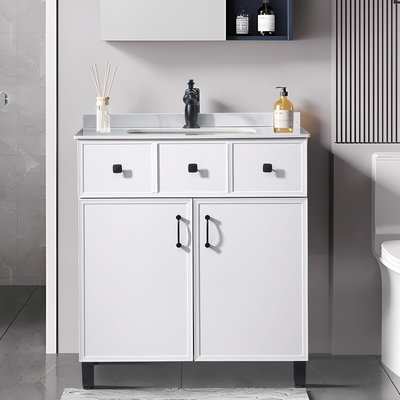 PROHIKER 29.1" Bathroom Vanity with Ceramic Sink, Modern Bathroom Vanity Cabinet, Freestanding Bathroom Sink Cabinet with 1 Soft-Close Door and Metal Handle