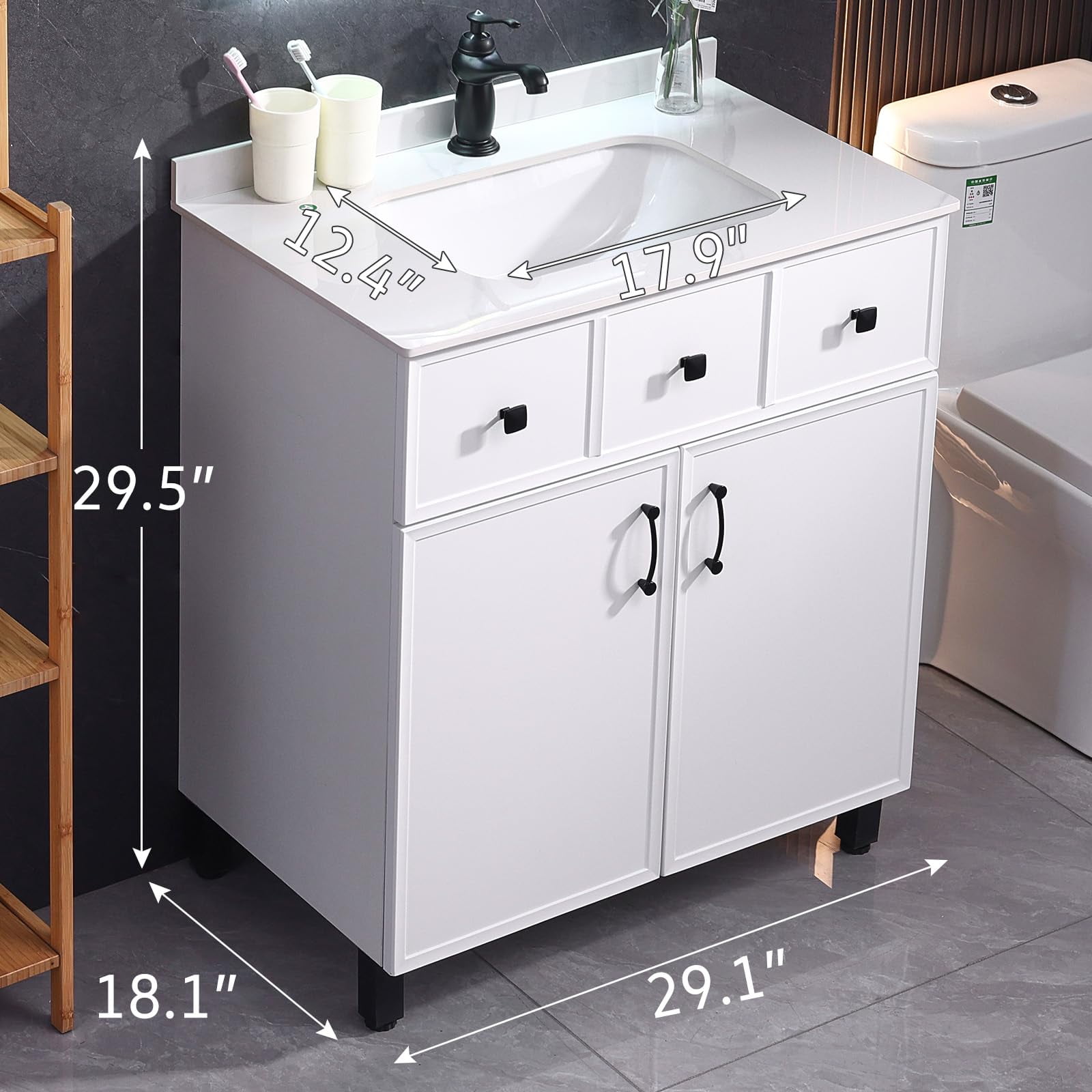 PROHIKER 29.1" Bathroom Vanity with Ceramic Sink, Modern Bathroom Vanity Cabinet, Freestanding Bathroom Sink Cabinet with 1 Soft-Close Door and Metal Handle
