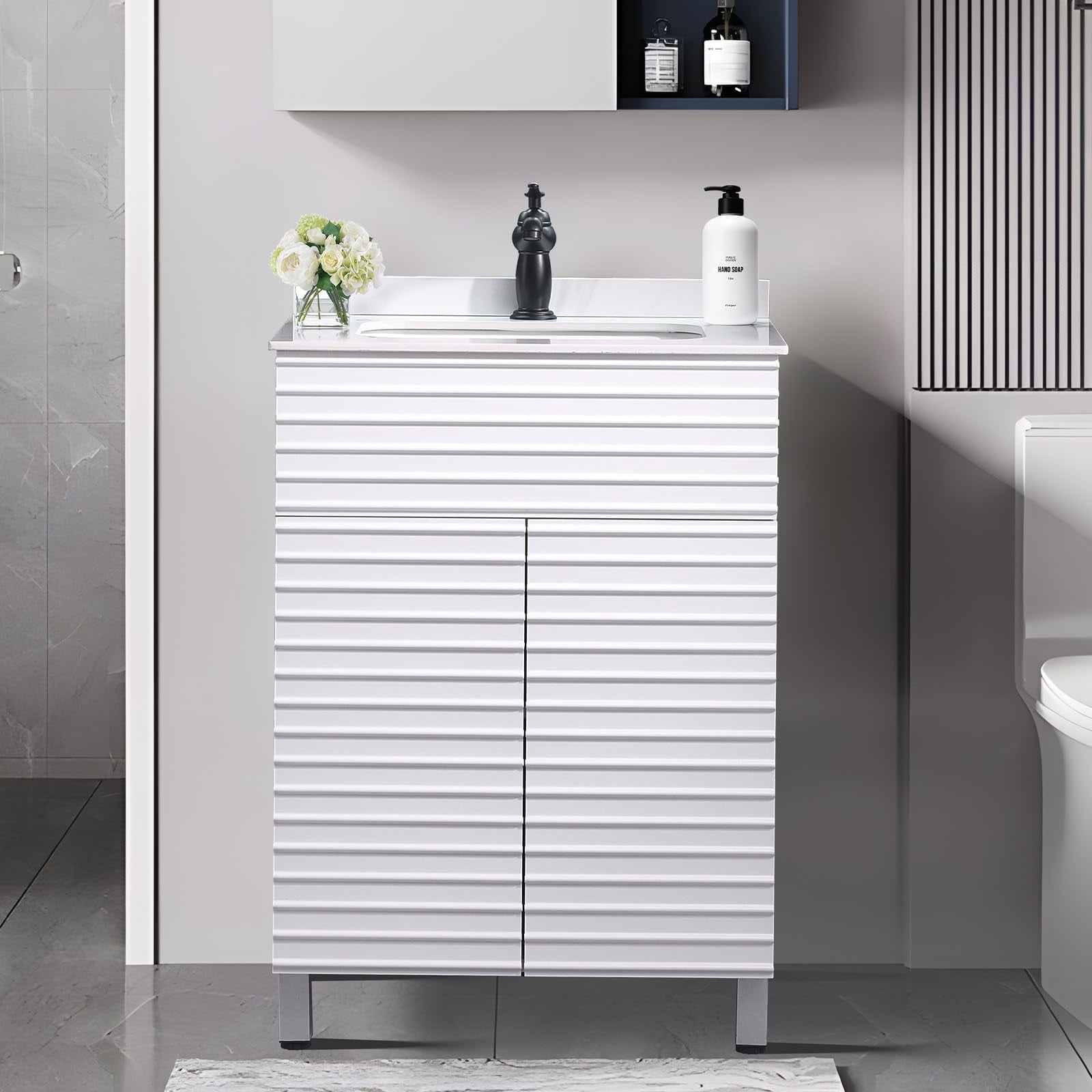 PROHIKER 23.6" Bathroom Vanity with Ceramic Sink, Modern Bathroom Vanity Cabinet, Freestanding Bathroom Sink Cabinet with 1 Soft-Close Door and Metal Handle