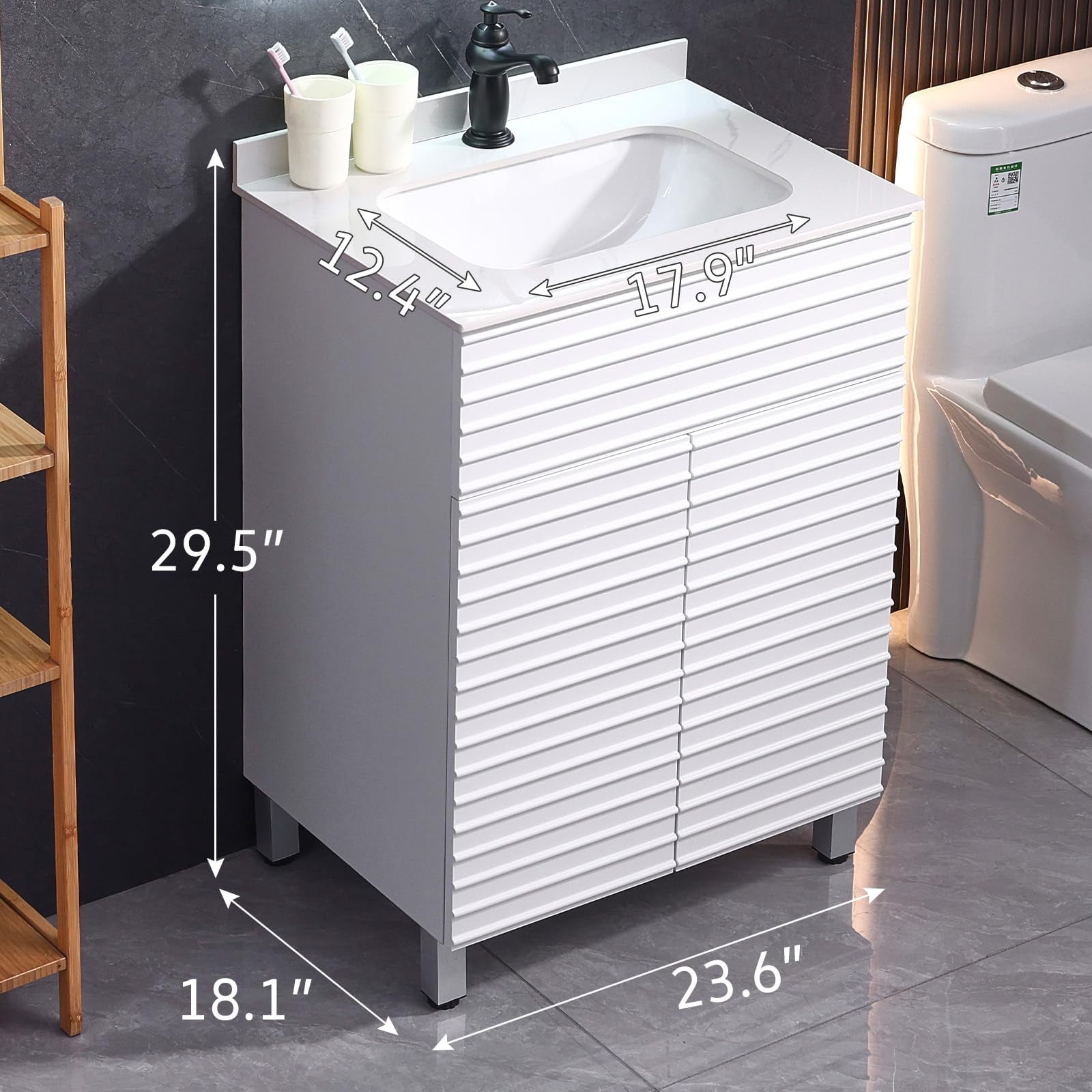 PROHIKER 23.6" Bathroom Vanity with Ceramic Sink, Modern Bathroom Vanity Cabinet, Freestanding Bathroom Sink Cabinet with 1 Soft-Close Door and Metal Handle