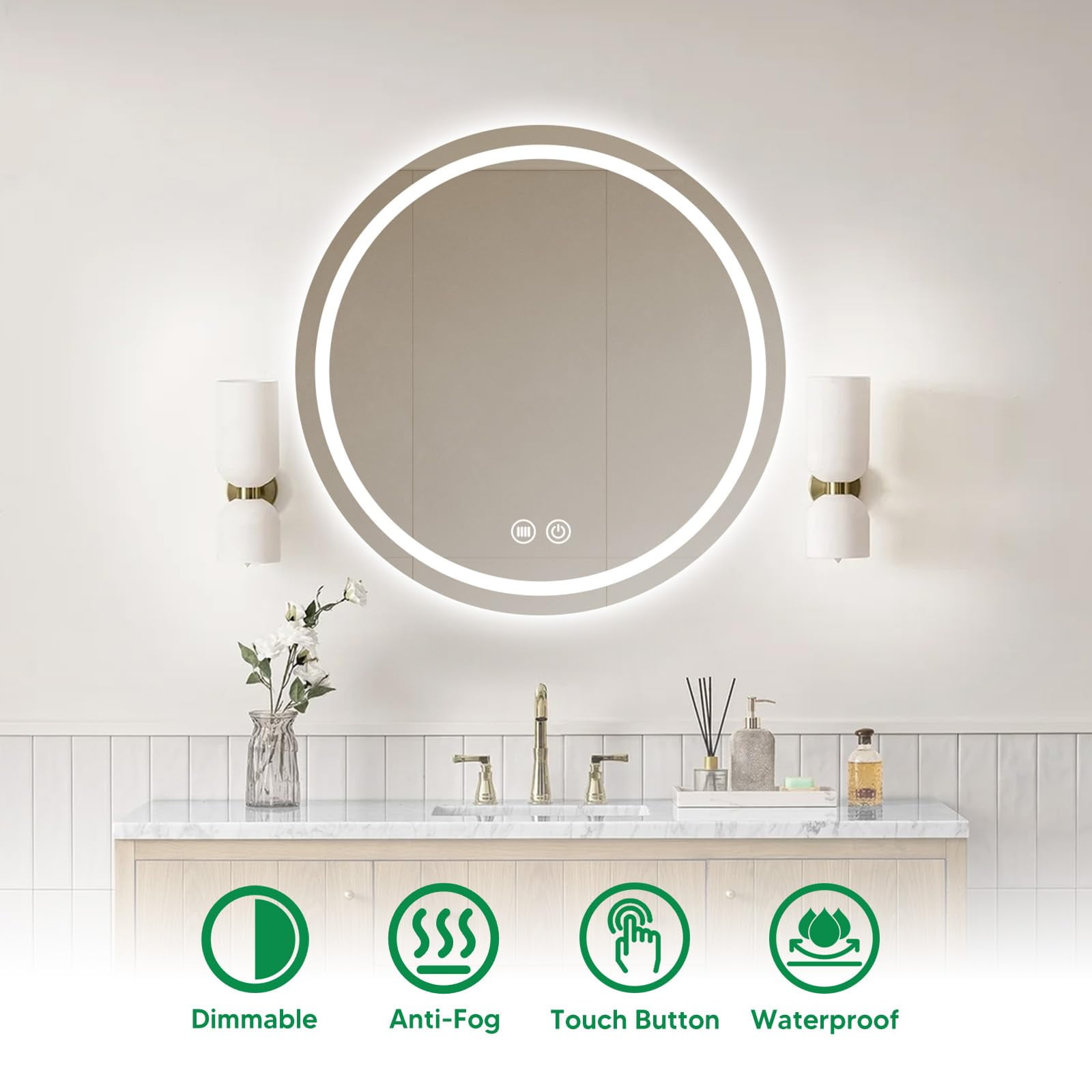PROHIKER 27.5 Inch Led Bathroom Mirror with Lights, Backlit + Front Lit, Round Lighted Vanity Mirror for Wall, Bathroom Led Mirror with Anti-Fog, Wall Mounted, Shatter-Proof, Round