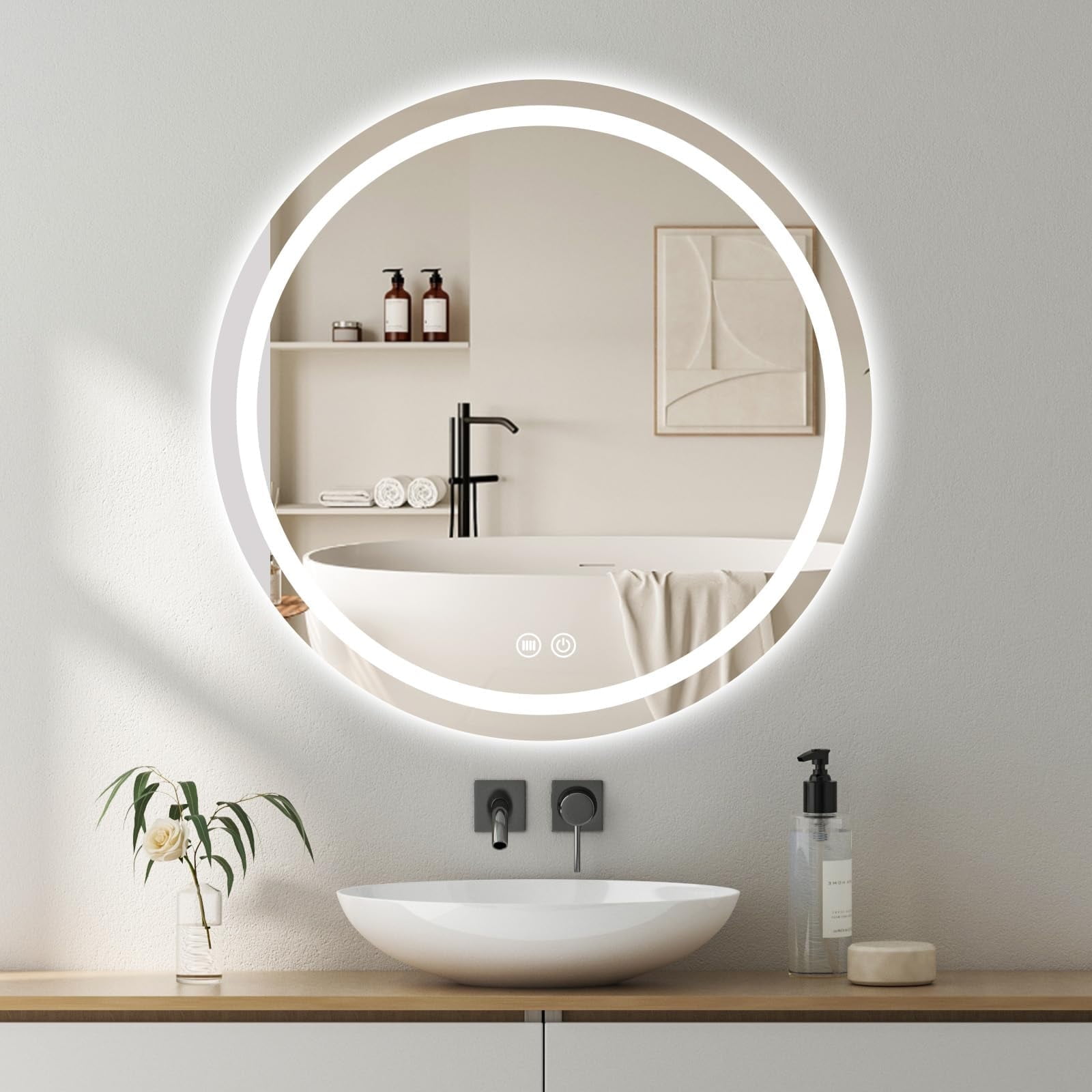 PROHIKER 27.5 Inch Led Bathroom Mirror with Lights, Backlit + Front Lit, Round Lighted Vanity Mirror for Wall, Bathroom Led Mirror with Anti-Fog, Wall Mounted, Shatter-Proof, Round