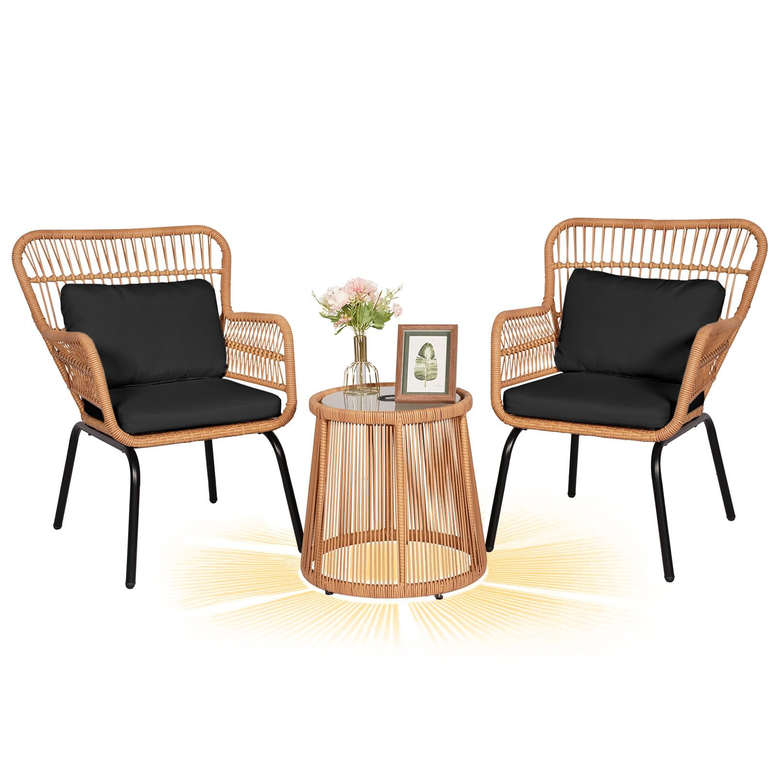 Tappio 3-Piece Patio Conversation Bistro Set Rattan Furniture, Outdoor Patio Set w/Solar Light Glass Top Table & Cushions for Garden Balcony Backyard Poolside, Yellow/Black