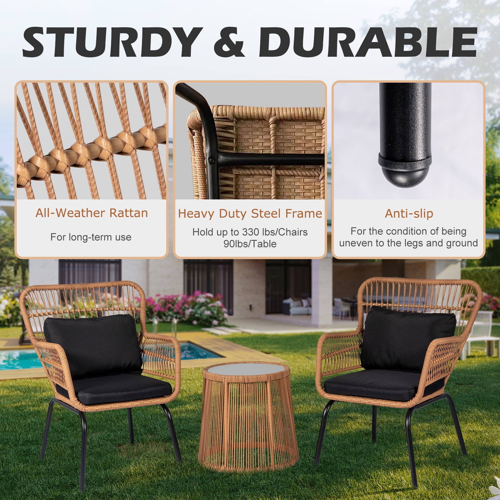Tappio 3-Piece Patio Conversation Bistro Set Rattan Furniture, Outdoor Patio Set w/Solar Light Glass Top Table & Cushions for Garden Balcony Backyard Poolside, Yellow/Black