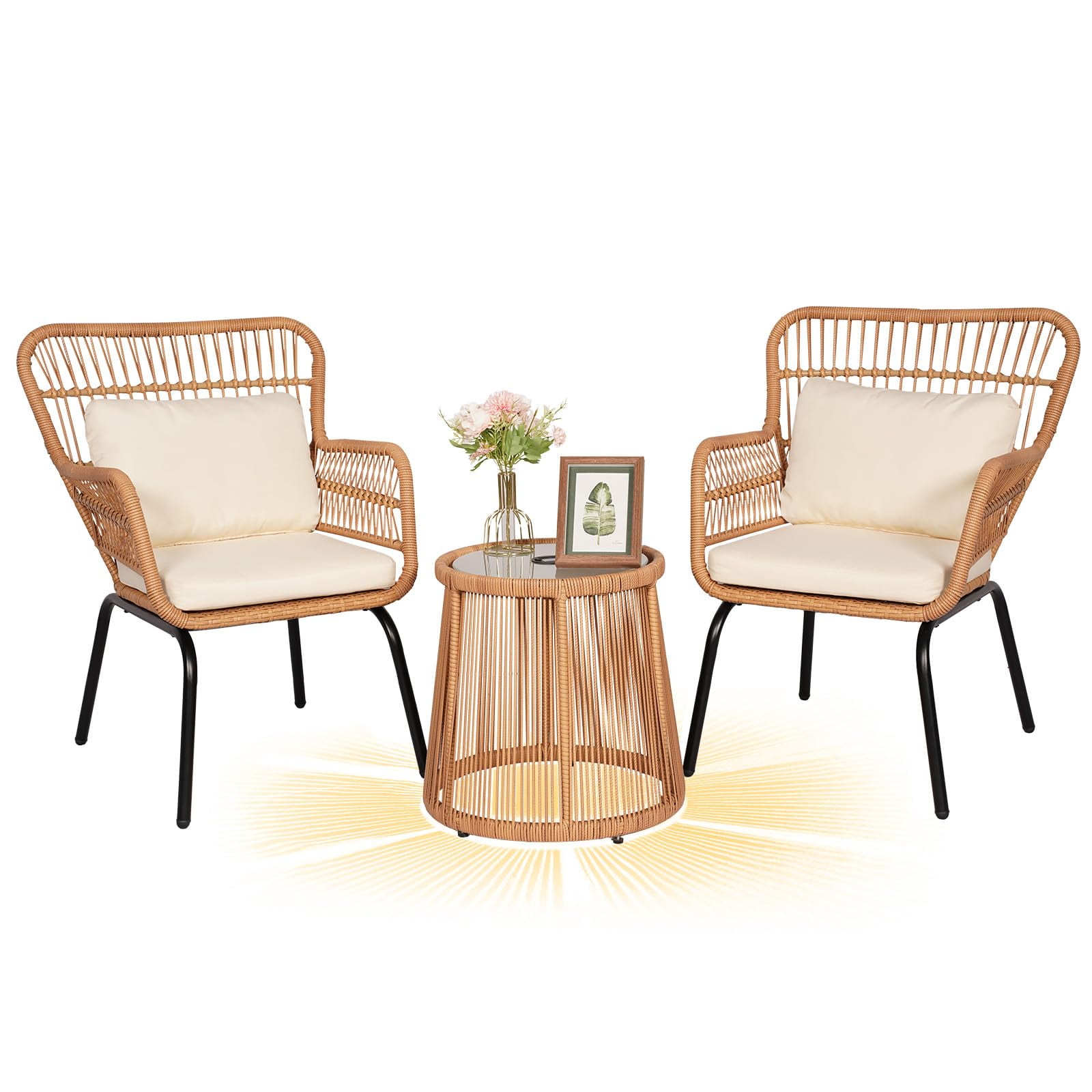 Tappio 3-Piece Patio Conversation Bistro Set Rattan Furniture, Outdoor Patio Set w/Solar Light Glass Top Table & Cushions for Garden Balcony Backyard Poolside, Yellow/Beige