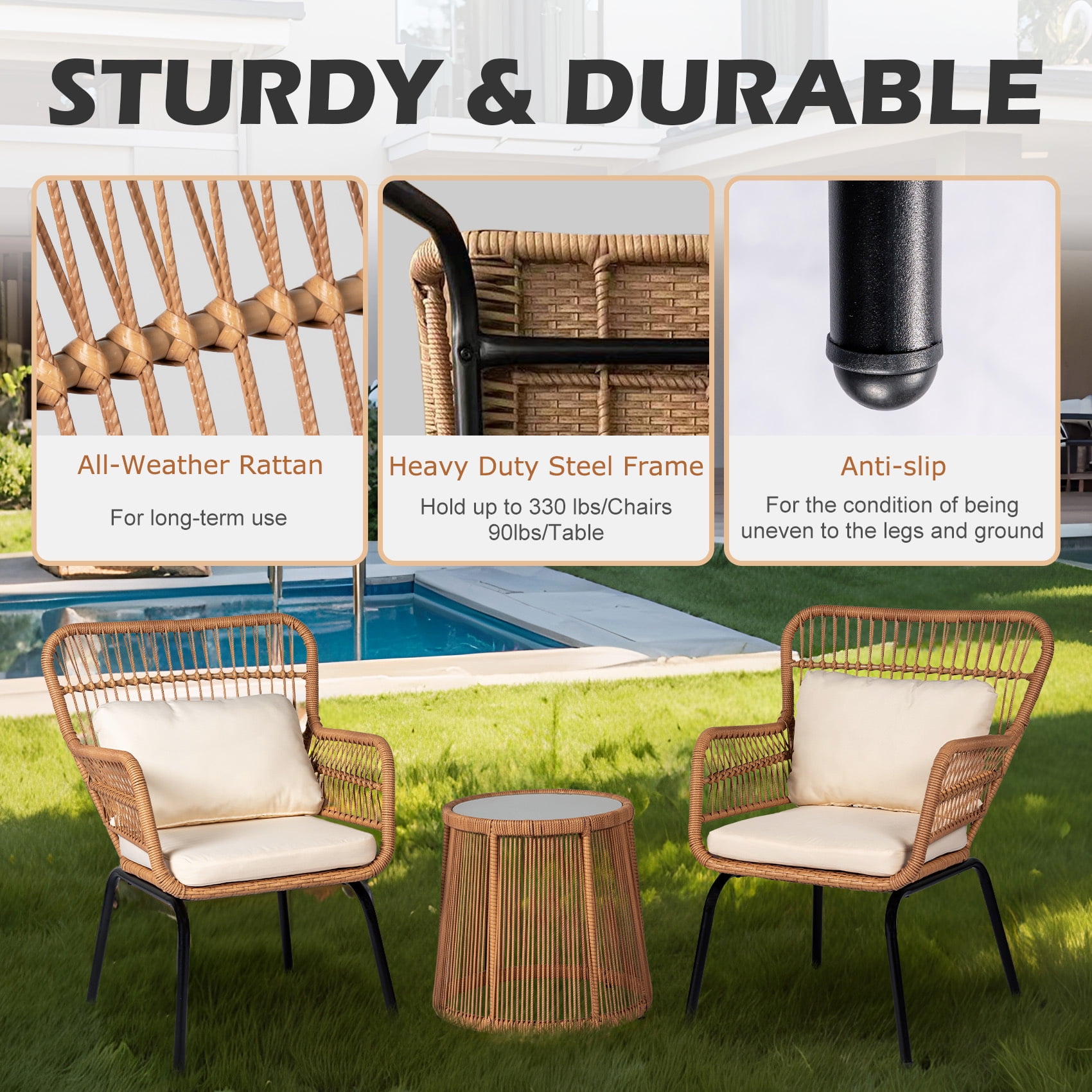 Tappio 3-Piece Patio Conversation Bistro Set Rattan Furniture, Outdoor Patio Set w/Solar Light Glass Top Table & Cushions for Garden Balcony Backyard Poolside, Yellow/Beige