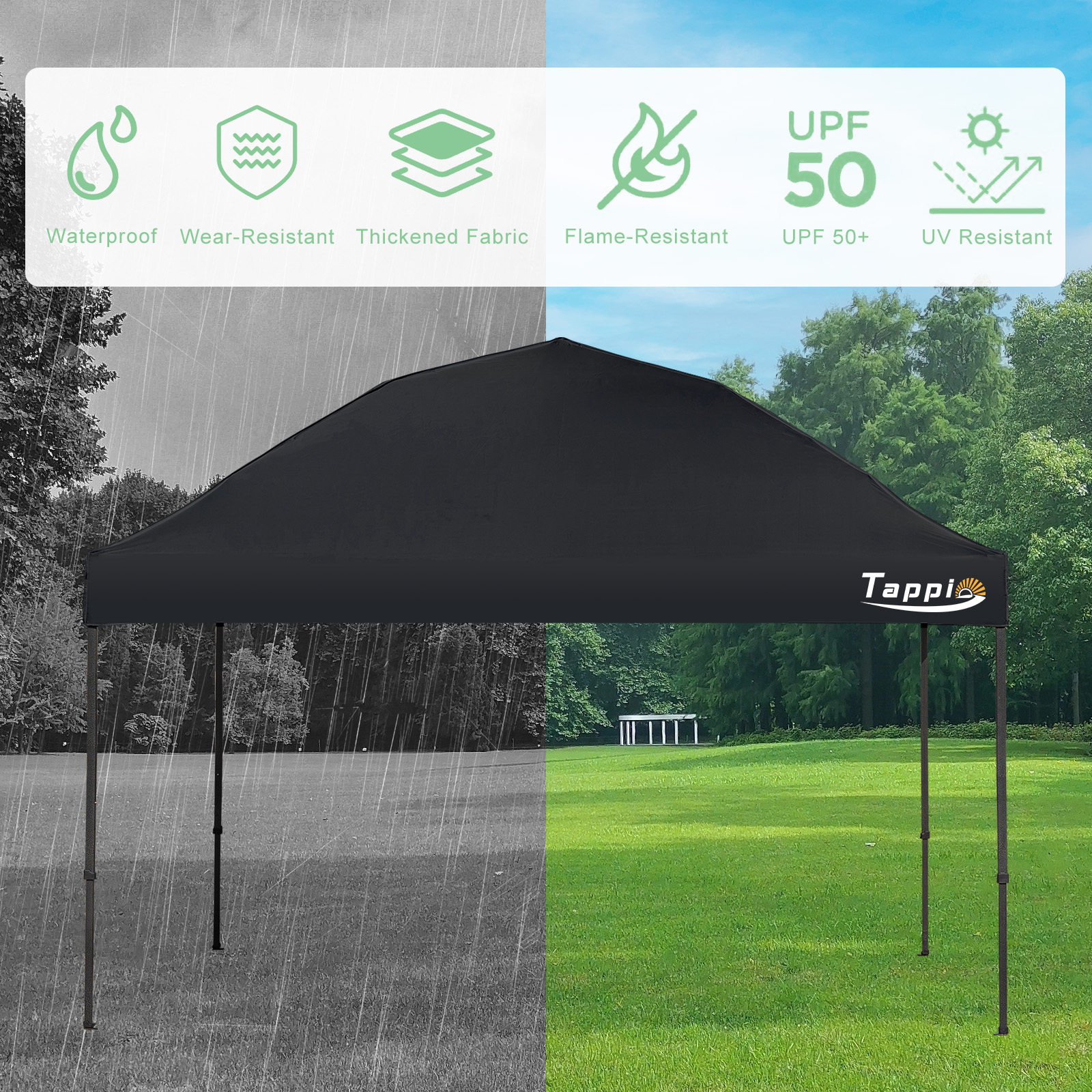 Tappio 10'x10' Pop Up Canopy Tent, Outdoor Instant Canopy Patio Gazebo Event Tent, Portable Waterproof Pop-up Canopy with 8 Stakes, 4 Ropes, 4 Sandbags and 1 Handbag for Party Camping Backyard, Black