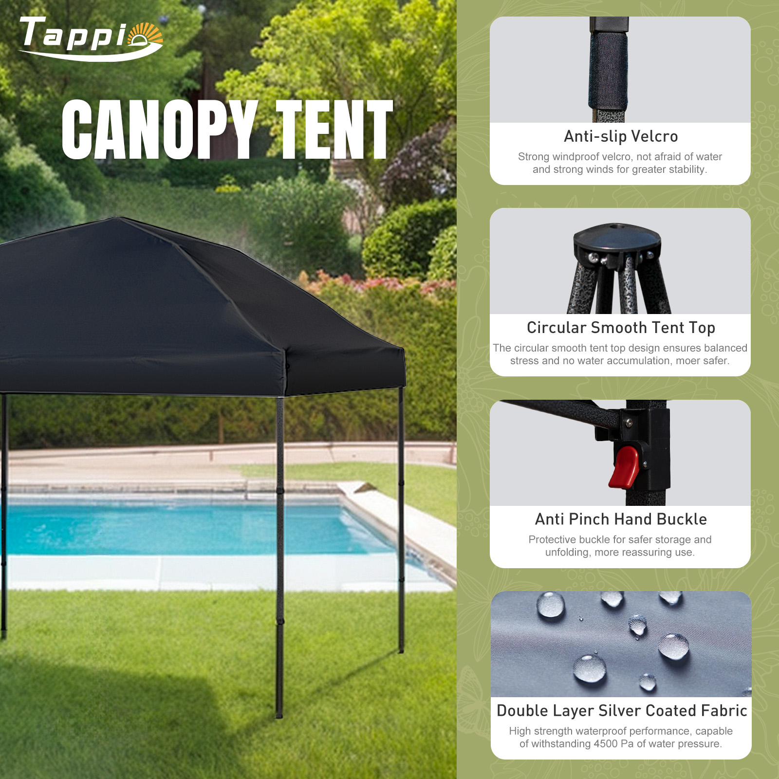 Tappio 10'x10' Pop Up Canopy Tent, Outdoor Instant Canopy Patio Gazebo Event Tent, Portable Waterproof Pop-up Canopy with 8 Stakes, 4 Ropes, 4 Sandbags and 1 Handbag for Party Camping Backyard, Black