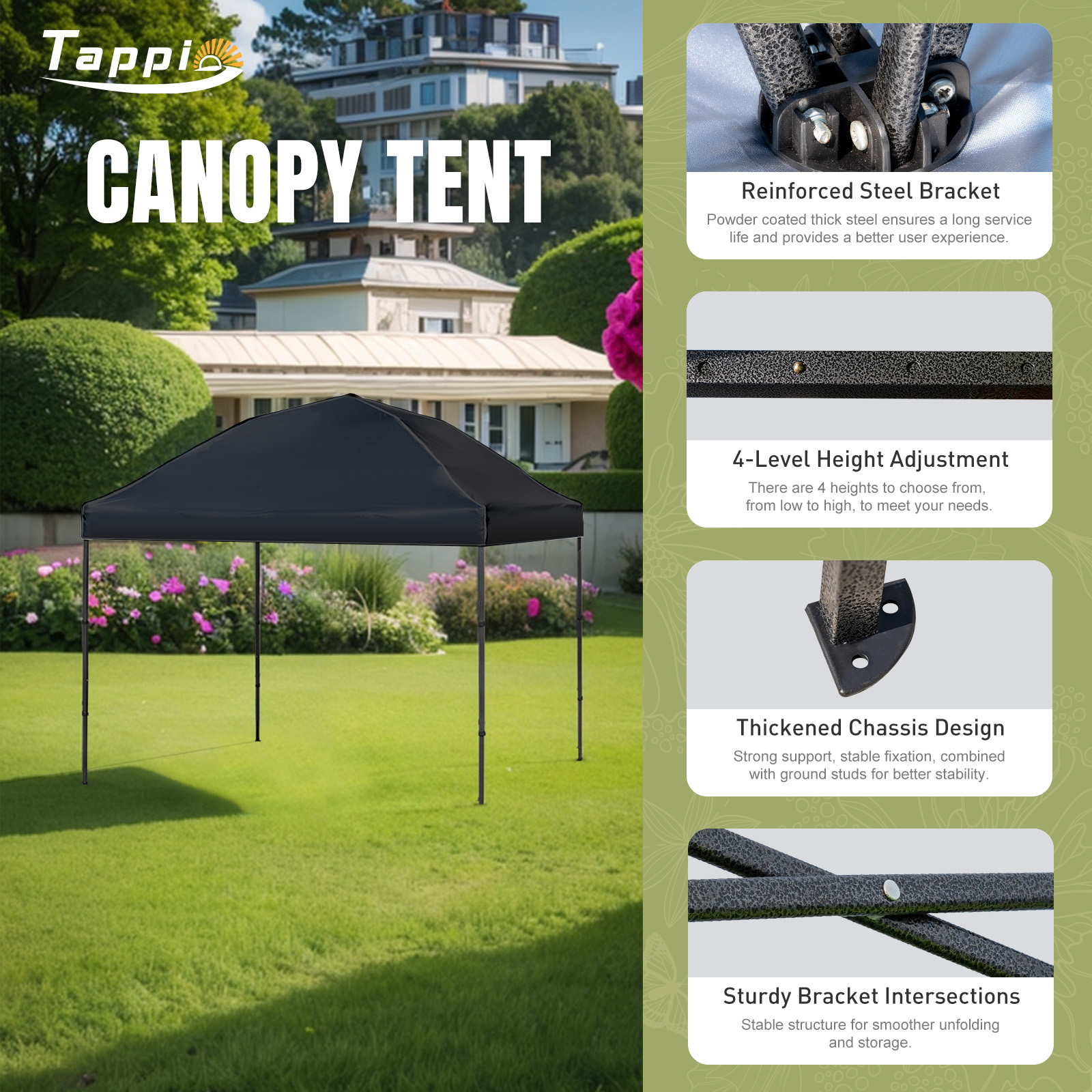 Tappio 10'x10' Pop Up Canopy Tent, Outdoor Instant Canopy Patio Gazebo Event Tent, Portable Waterproof Pop-up Canopy with 8 Stakes, 4 Ropes, 4 Sandbags and 1 Handbag for Party Camping Backyard, Black