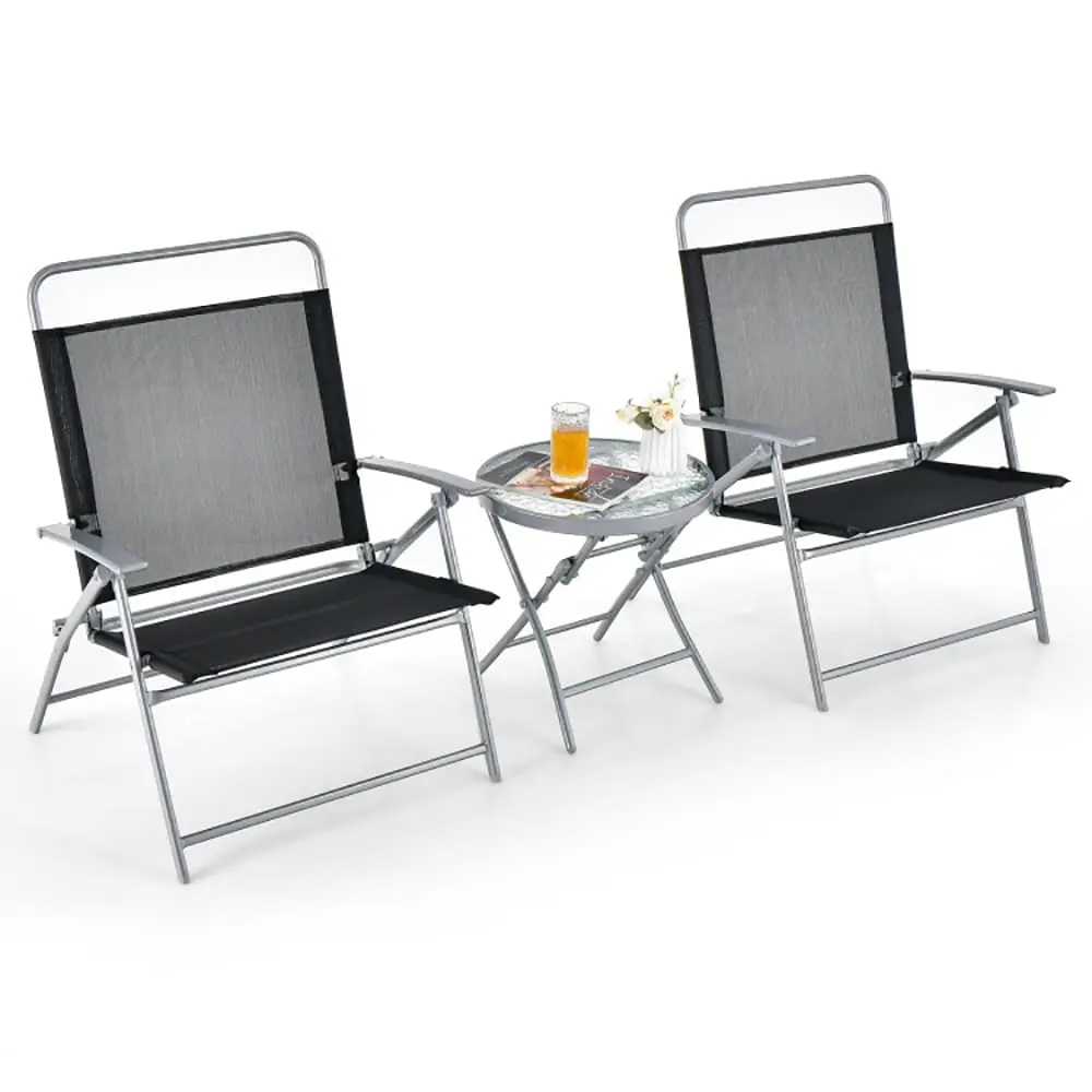 Tappio 3 Piece Folding Bistro Table and Chairs Set, Outdoor Patio Dining Furniture with Glass Tabletop, 2 Folding Chairs, Steel Frame