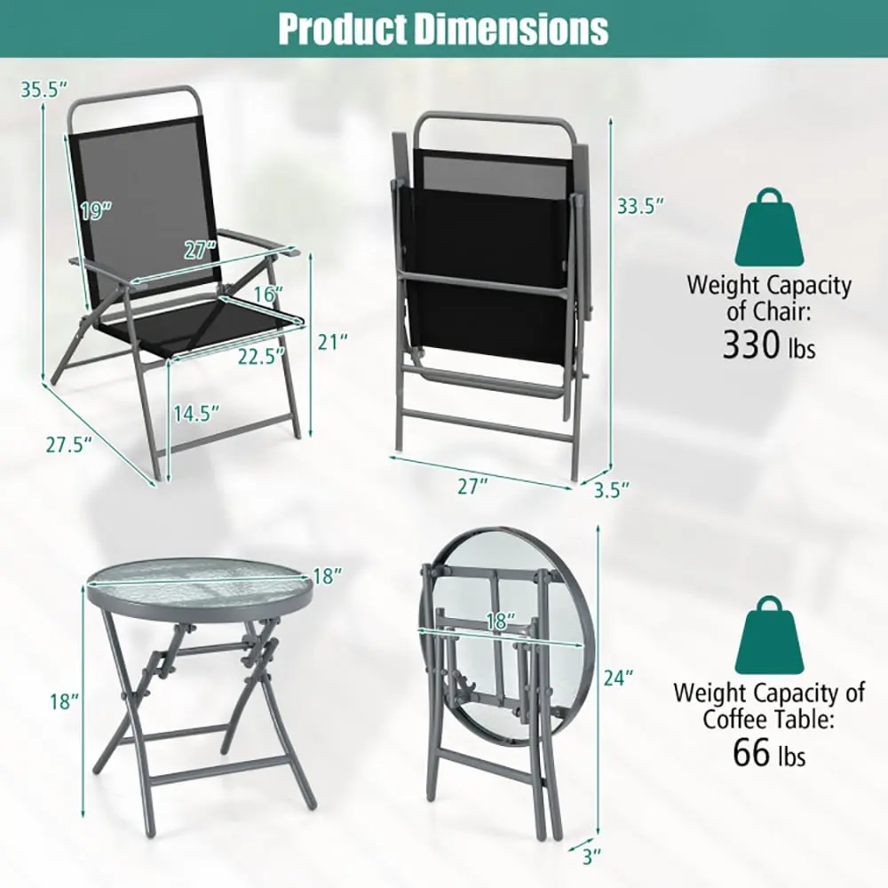 Tappio 3 Piece Folding Bistro Table and Chairs Set, Outdoor Patio Dining Furniture with Glass Tabletop, 2 Folding Chairs, Steel Frame