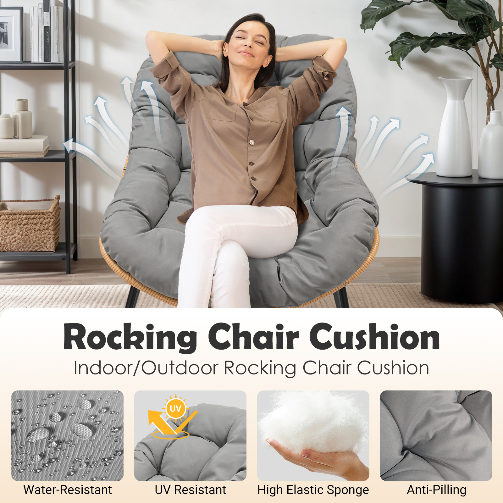 Tappio Outdoor Rocking Egg Chair, Indoor Papasan Chair Rattan Patio Wicker Lounge with Thick Cushion for Bedroom Living Room Garden Porch Backyard, Gray