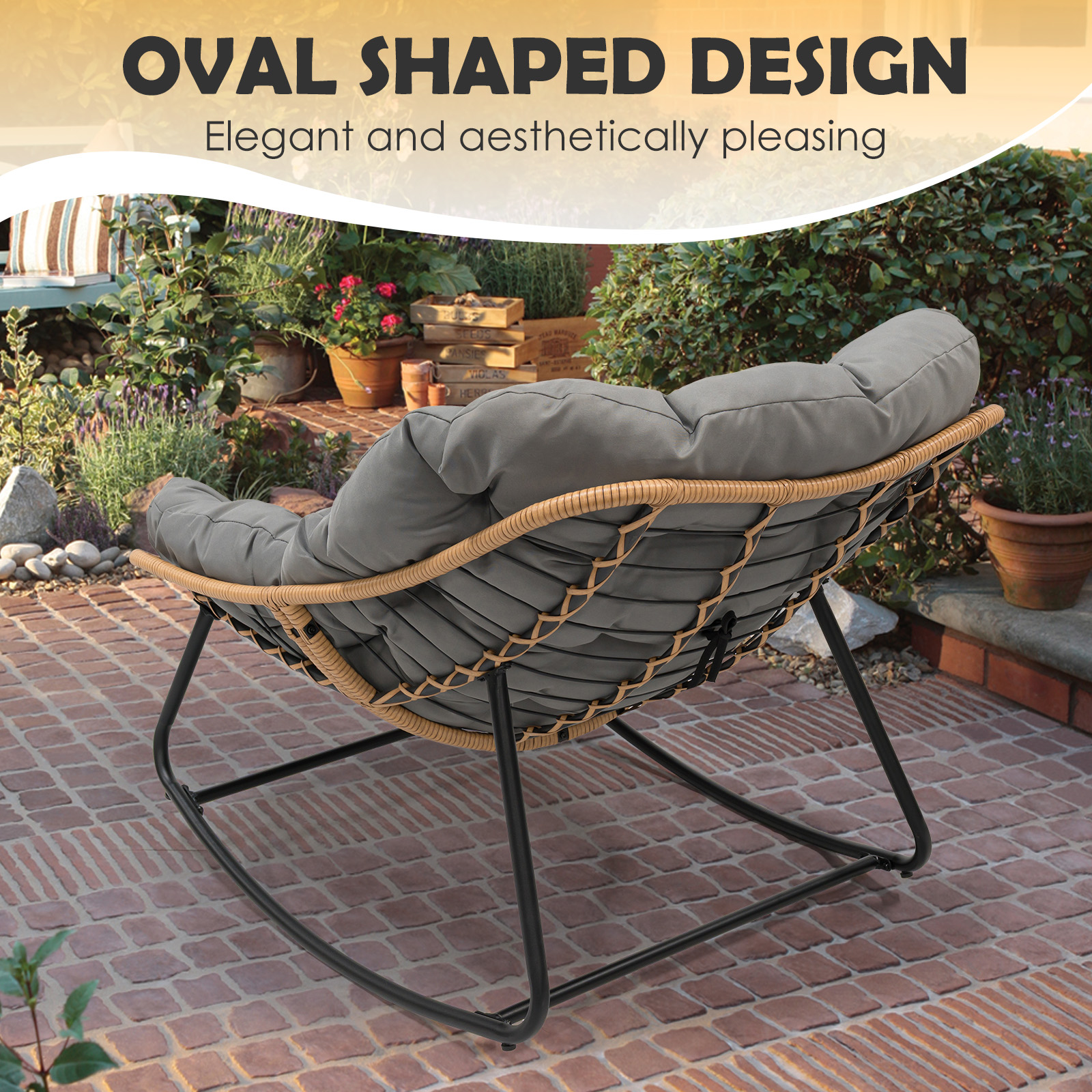 Tappio Outdoor Rocking Egg Chair, Indoor Papasan Chair Rattan Patio Wicker Lounge with Thick Cushion for Bedroom Living Room Garden Porch Backyard, Gray