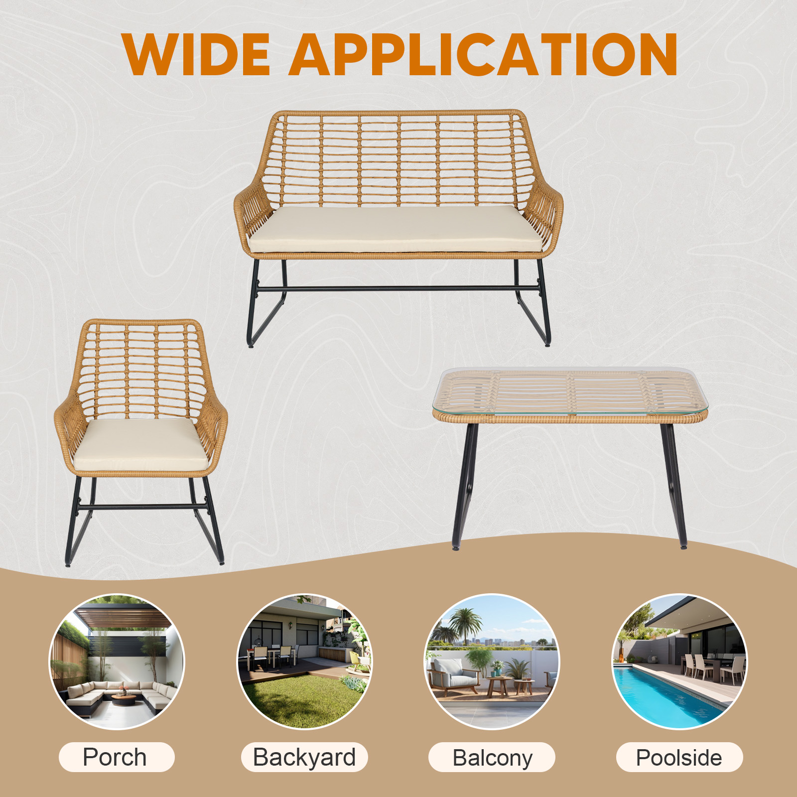 Tappio 4-Piece Rattan Patio Furniture Set, Outdoor Wicker Conversation Set with Tempered Glass Table, Beige