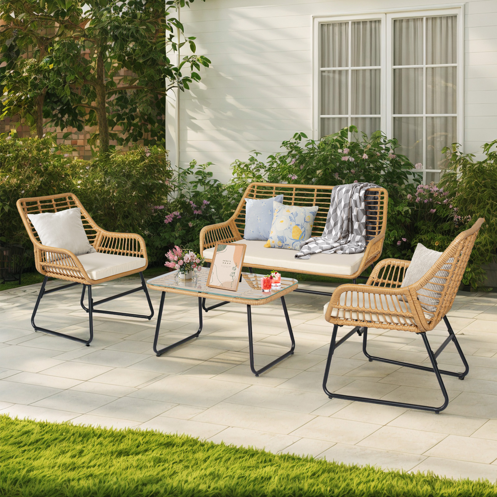 Tappio 4-Piece Rattan Patio Furniture Set, Outdoor Wicker Conversation Set with Tempered Glass Table, Beige
