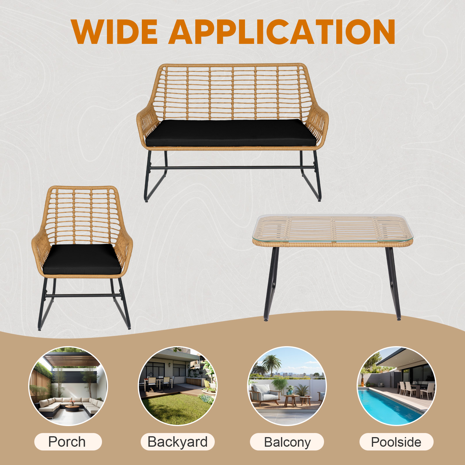 Tappio 4-Piece Rattan Patio Furniture Set, Outdoor Wicker Conversation Set with Tempered Glass Table, Black