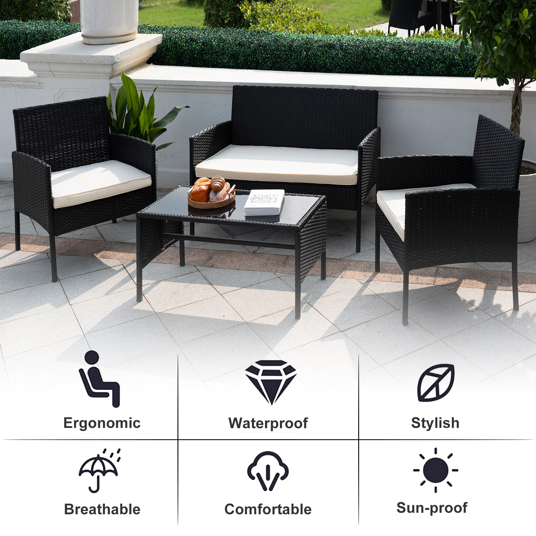 Tappio 4 Piece Patio Conversation Wicker Furniture Set, Outdoor Patio Sectional Furniture Set w/Glass-Top Coffee Table & Cushions, Cushioned Sofa Table for Patio, Beige