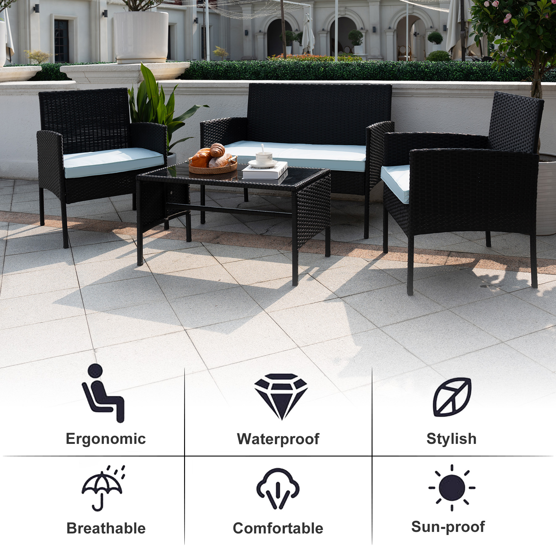Tappio 4 Piece Patio Conversation Wicker Furniture Set, Outdoor Patio Sectional Furniture Set w/Glass-Top Coffee Table & Cushions, Cushioned Sofa Table for Patio, Blue