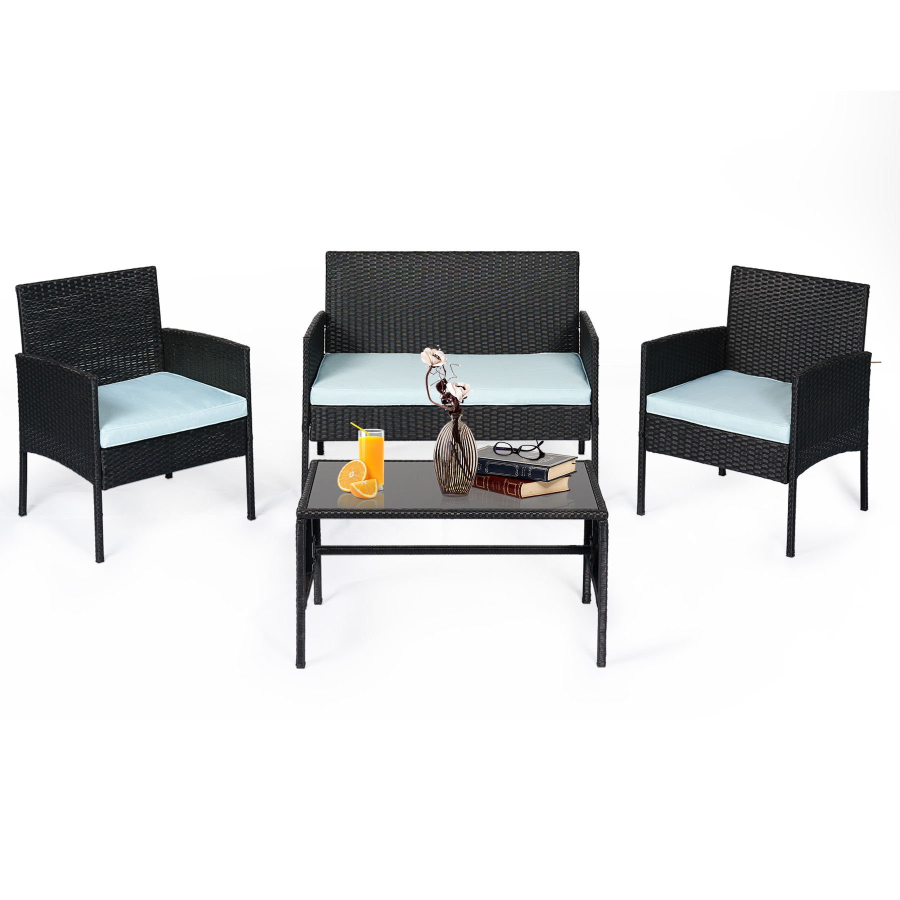 Tappio 4 Piece Patio Conversation Wicker Furniture Set, Outdoor Patio Sectional Furniture Set w/Glass-Top Coffee Table & Cushions, Cushioned Sofa Table for Patio, Blue