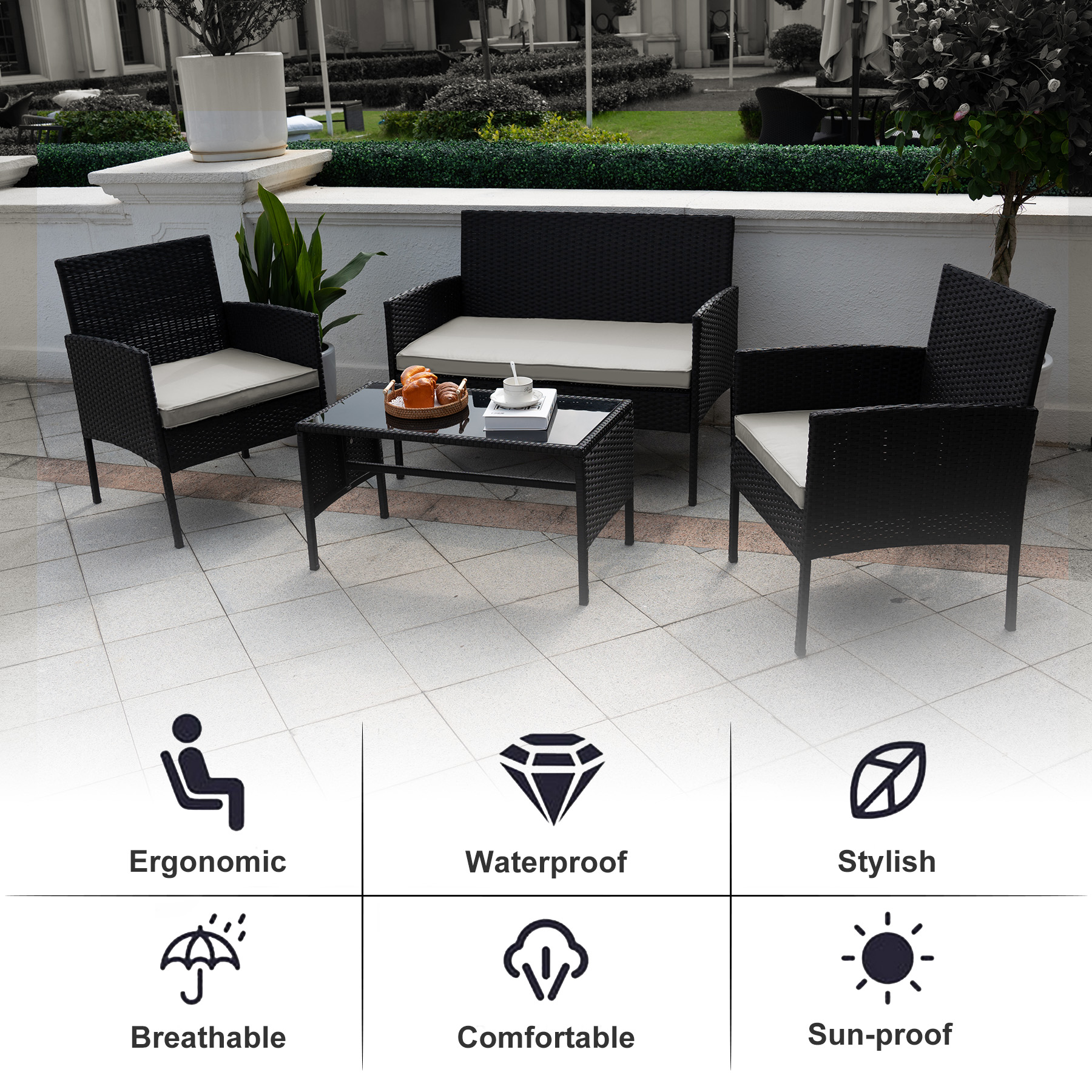Tappio 4 Piece Patio Conversation Wicker Furniture Set, Outdoor Patio Sectional Furniture Set w/Glass-Top Coffee Table & Cushions, Cushioned Sofa Table for Patio, Gray