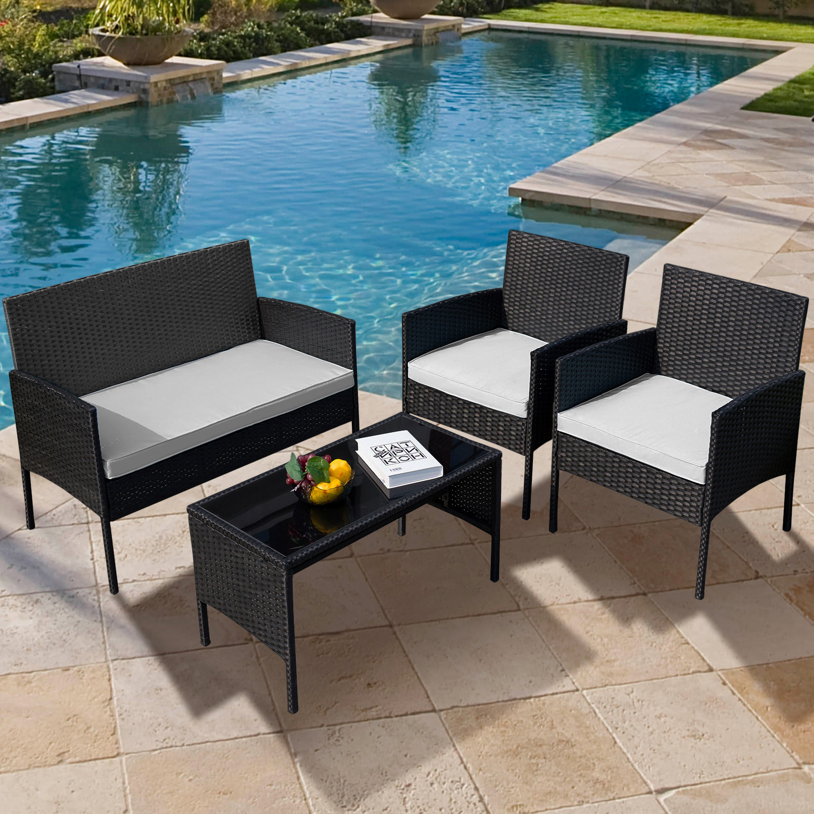 Tappio 4 Piece Patio Conversation Wicker Furniture Set, Outdoor Patio Sectional Furniture Set w/Glass-Top Coffee Table & Cushions, Cushioned Sofa Table for Patio, Gray