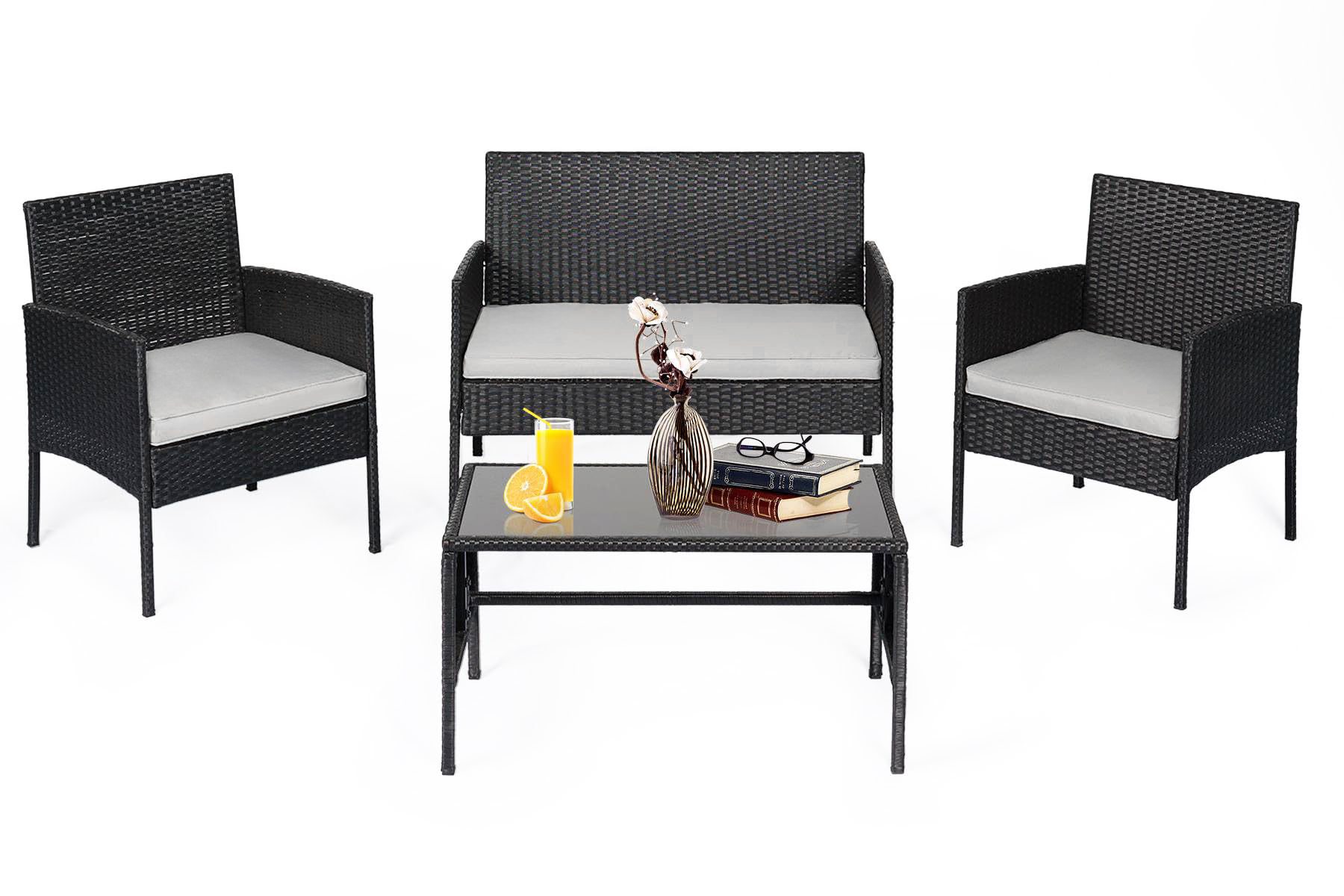 Tappio 4 Piece Patio Conversation Wicker Furniture Set, Outdoor Patio Sectional Furniture Set w/Glass-Top Coffee Table & Cushions, Cushioned Sofa Table for Patio, Gray