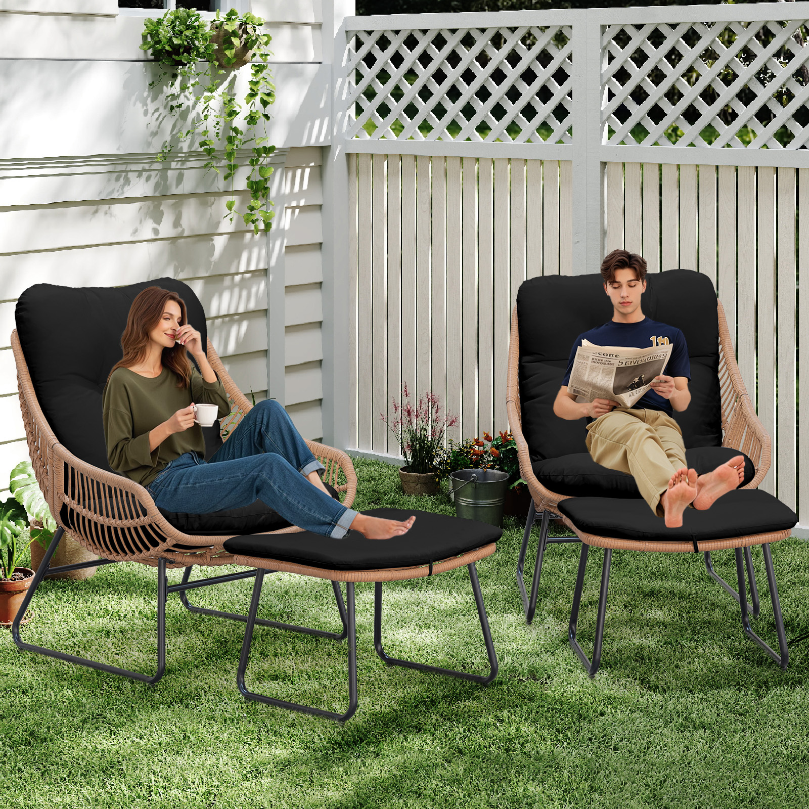 Tappio 2 Person Wicker Papasan Egg Chair, Outdoor Patio Basket Lounge Chair Indoor Oversized Egg Lounger with Thick Cushion for Living Room Bedroom Balcony Porch, Black