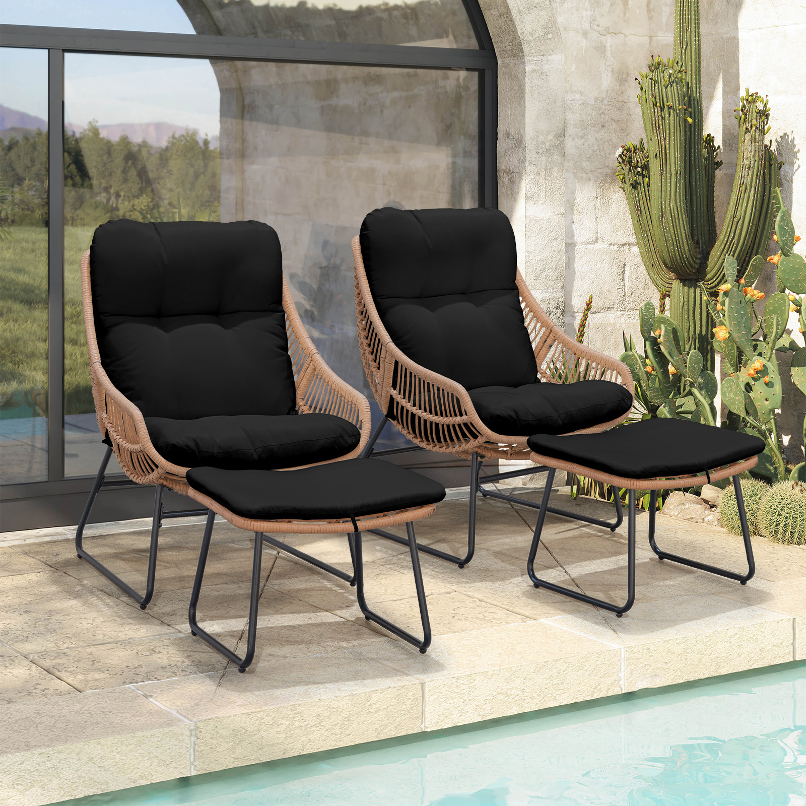 Tappio 2 Person Wicker Papasan Egg Chair, Outdoor Patio Basket Lounge Chair Indoor Oversized Egg Lounger with Thick Cushion for Living Room Bedroom Balcony Porch, Black