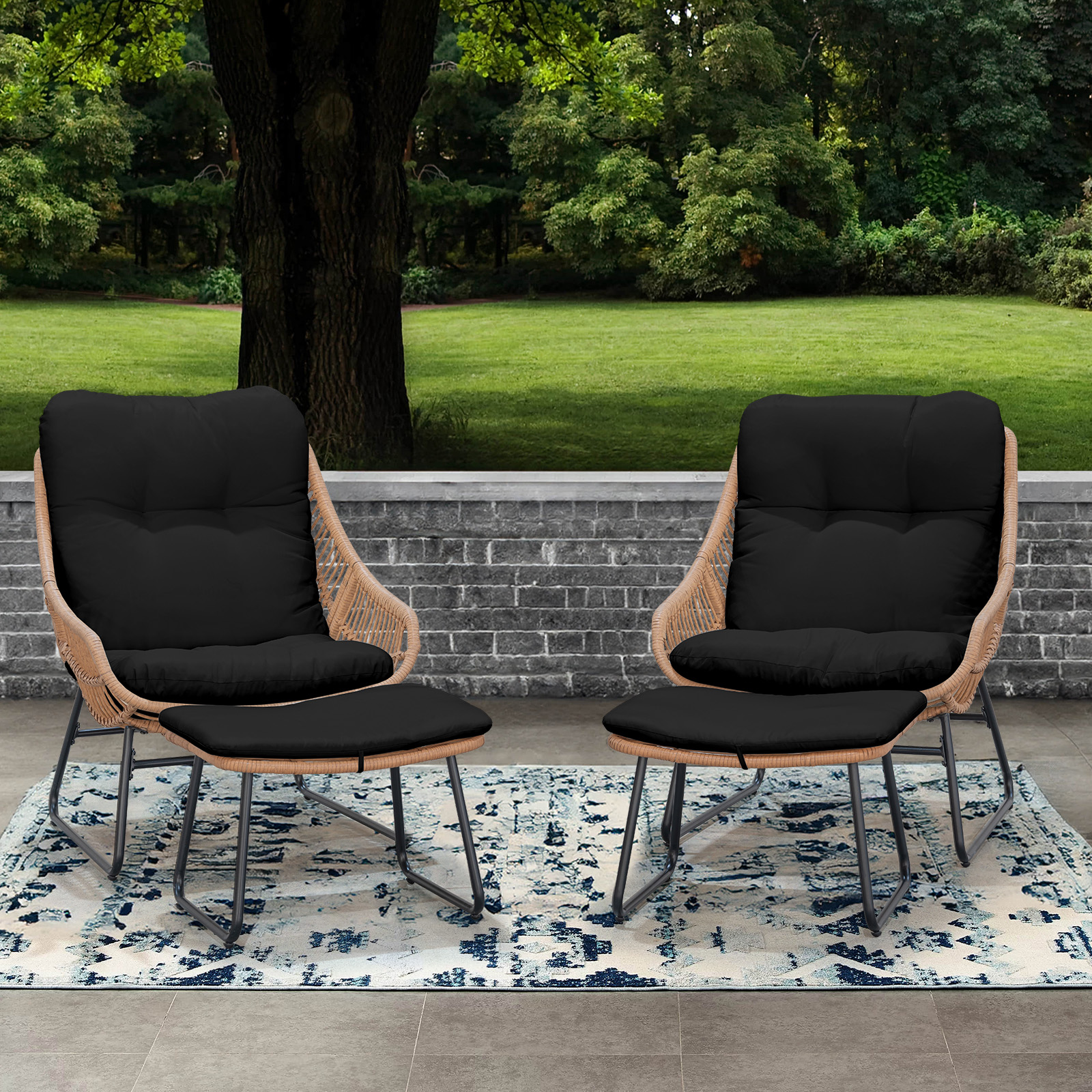 Tappio 2 Person Wicker Papasan Egg Chair, Outdoor Patio Basket Lounge Chair Indoor Oversized Egg Lounger with Thick Cushion for Living Room Bedroom Balcony Porch, Black