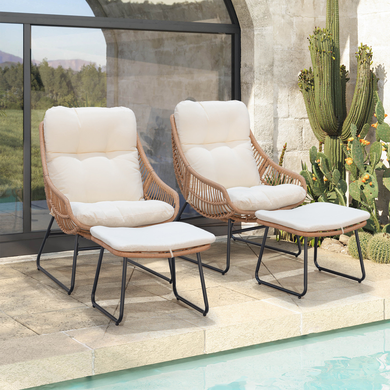 Tappio 2 Person Wicker Papasan Egg Chair, Outdoor Patio Basket Lounge Chair Indoor Oversized Egg Lounger with Thick Cushion for Living Room Bedroom Balcony Porch, Beige
