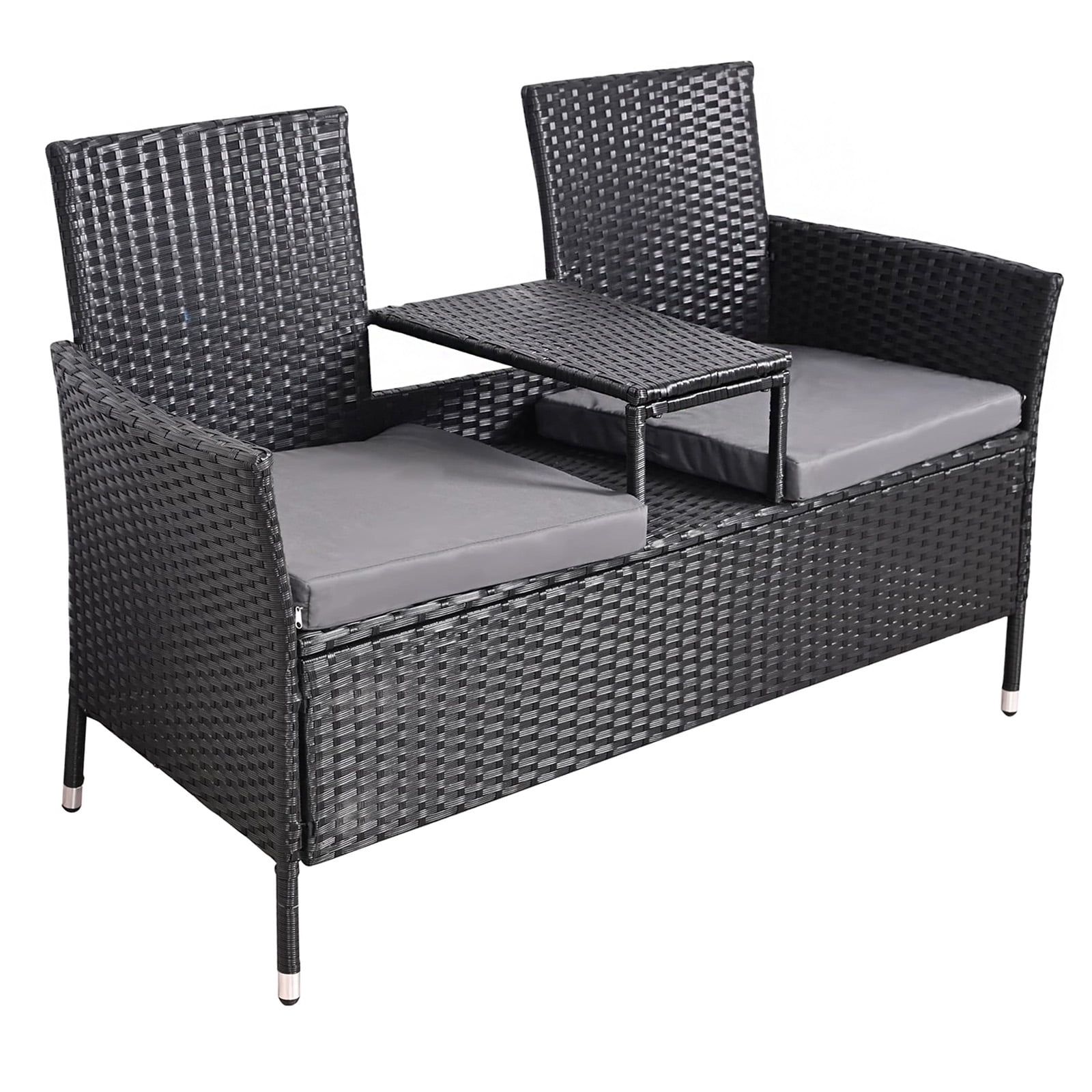 Tappio Outdoor Rattan Loveseat, Patio Rattan Conversation Set Seat Sofa Cushioned Loveseat Table Chairs with Built-in Coffee Table, Black/Gray